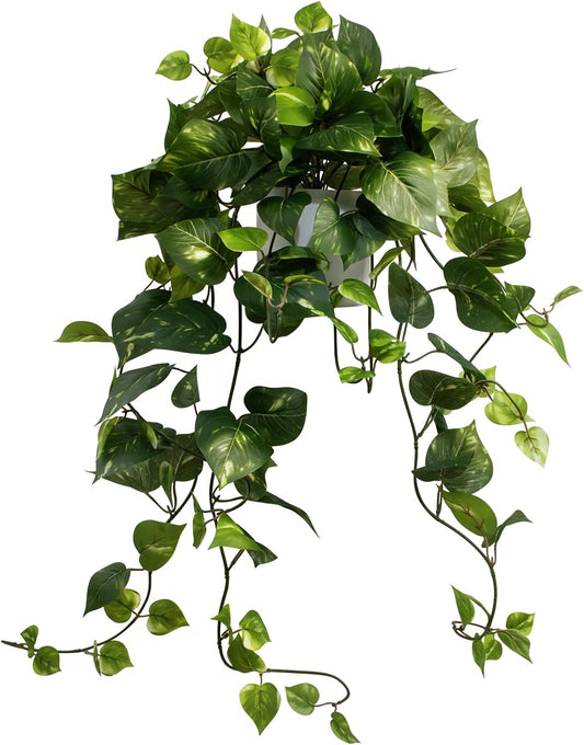 LOYWREE Artificial Plants Fake Pothos in Plastic Pot - Artificial Scindapsus Aureus Faux Potted Plant with Trailing Vines for Indoor Outdoor Decor, Home Office Bedroom Shelf Decoration（White Pot）