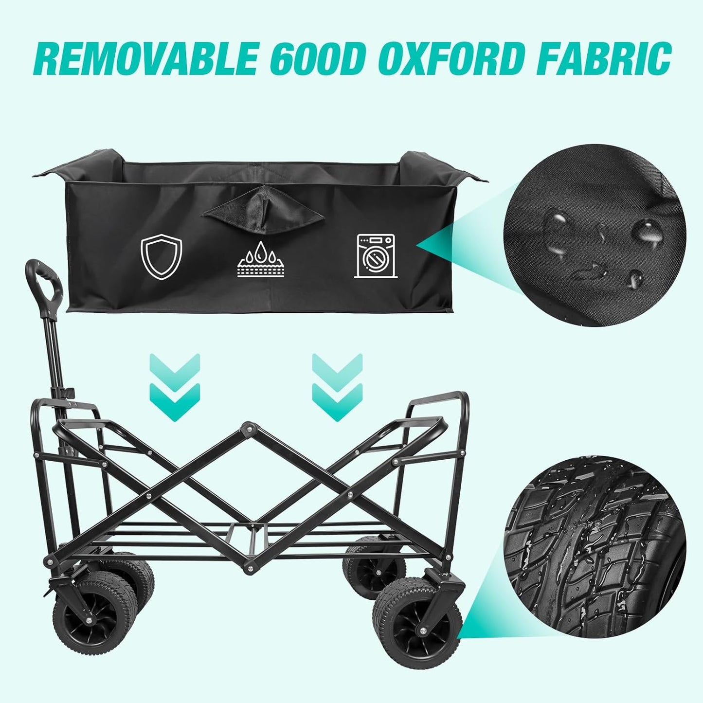 Collapsible Beach Wagon with All-Terrain Big Wheels,Folding Wagon Carts Heavy Duty with Adjustable Handle for Outdoor,Garden,Sports and Grocery, 220lbs Capacity, Black