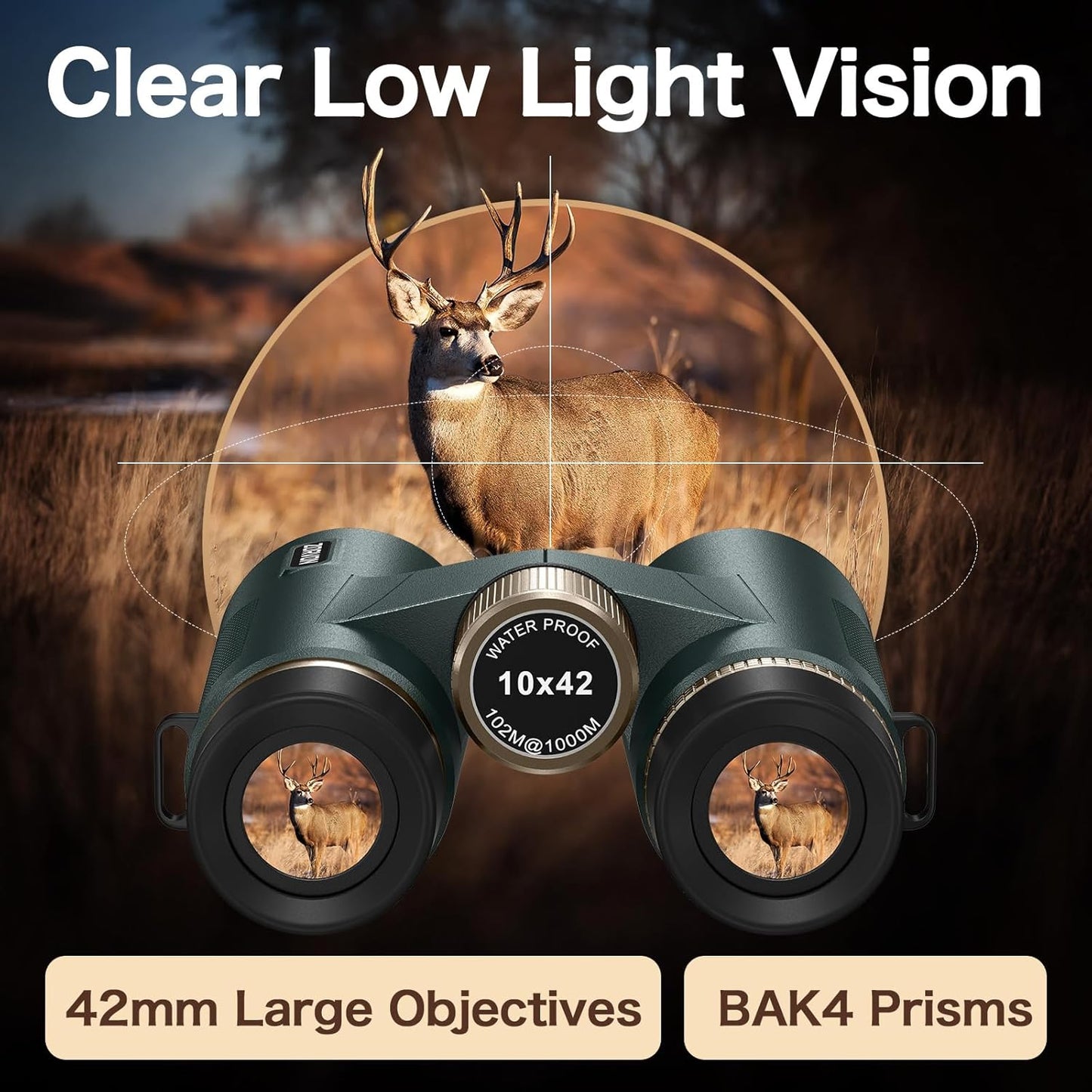 10x42 HD Binoculars for Adults, High Powered Binoculars with BAK4 Prism and Low Light Vision, Waterproof Binoculars with Large Eyepiece for Bird Watching, Hunting, Wildlife Viewing, Hiking, Travel