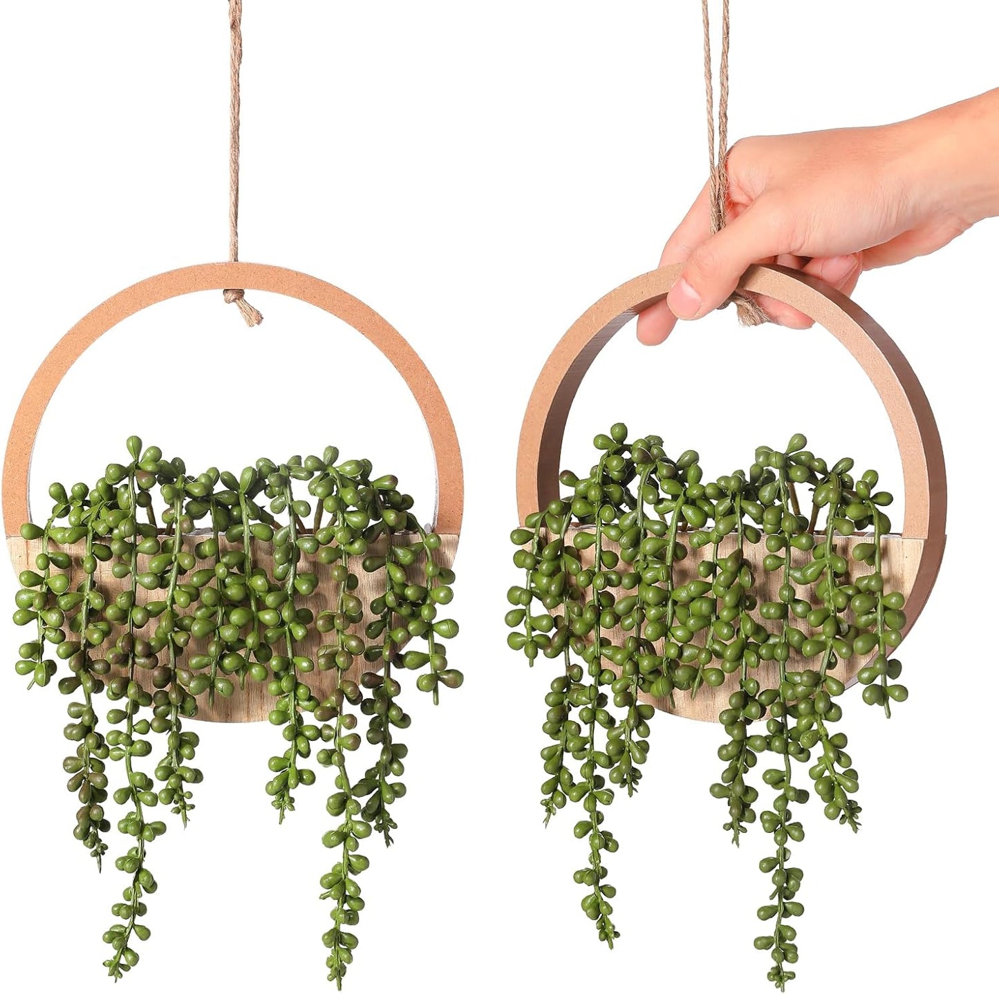 JUSTOYOU 2pcs Fake Hanging Plants Artificial Succulents Wooden Hanging Planter Artificial String of Pearls with Pot and Lanyard for Living Room Bathroom Indoor Outdoor Boho Wall Decor