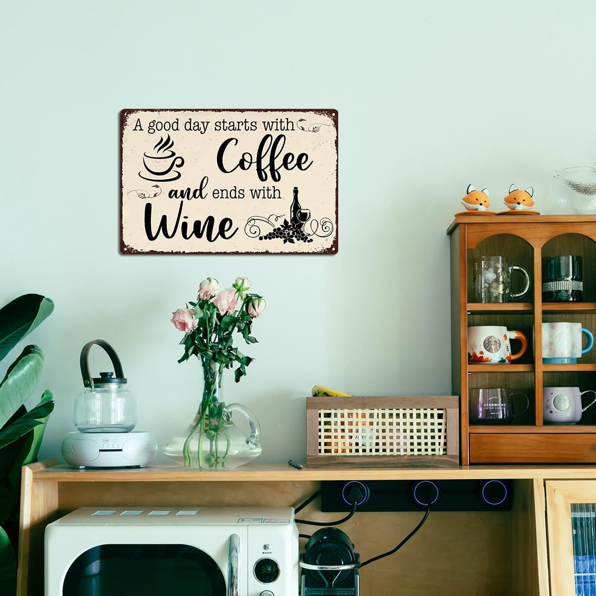A Good Day Starts with Coffee and Ends with Wine Metal Tin Sign – 8x12