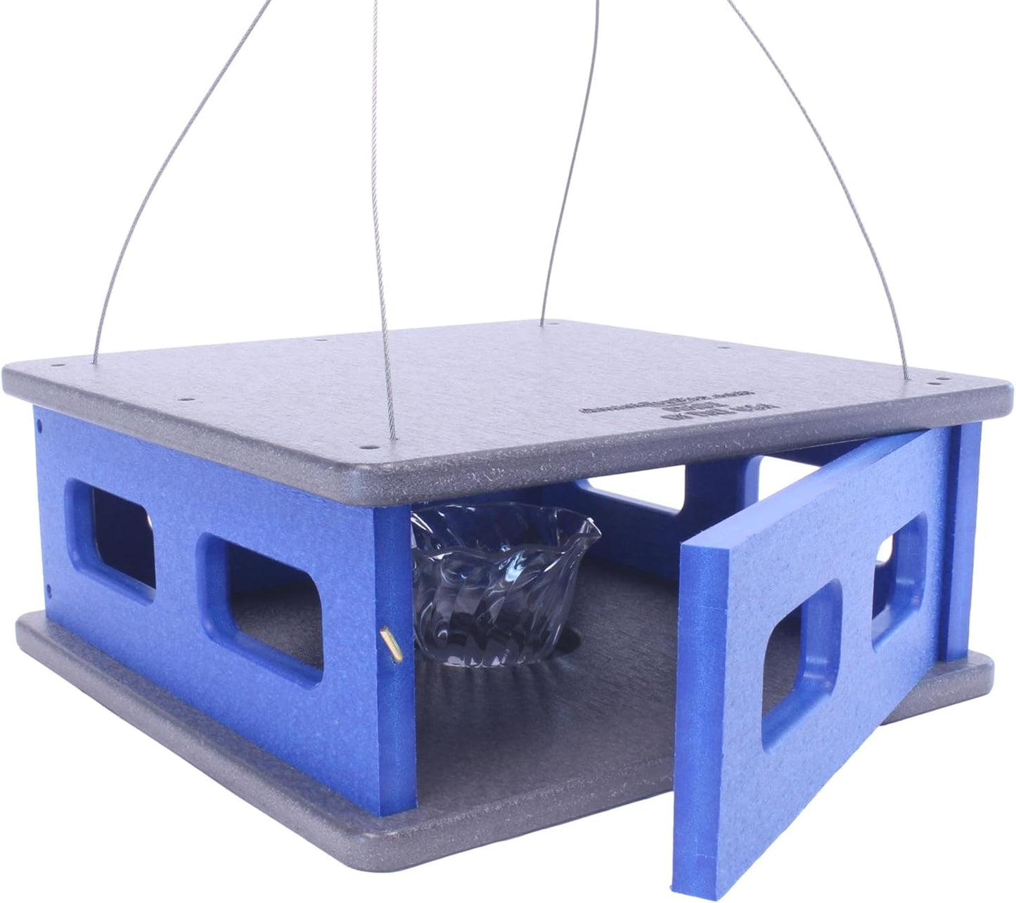 AmishToyBox.com Bluebird Feeder - Hanging Block House Mealworm Feeder for Bluebirds - Amish-Made with Poly Lumber (Gray and Blue)