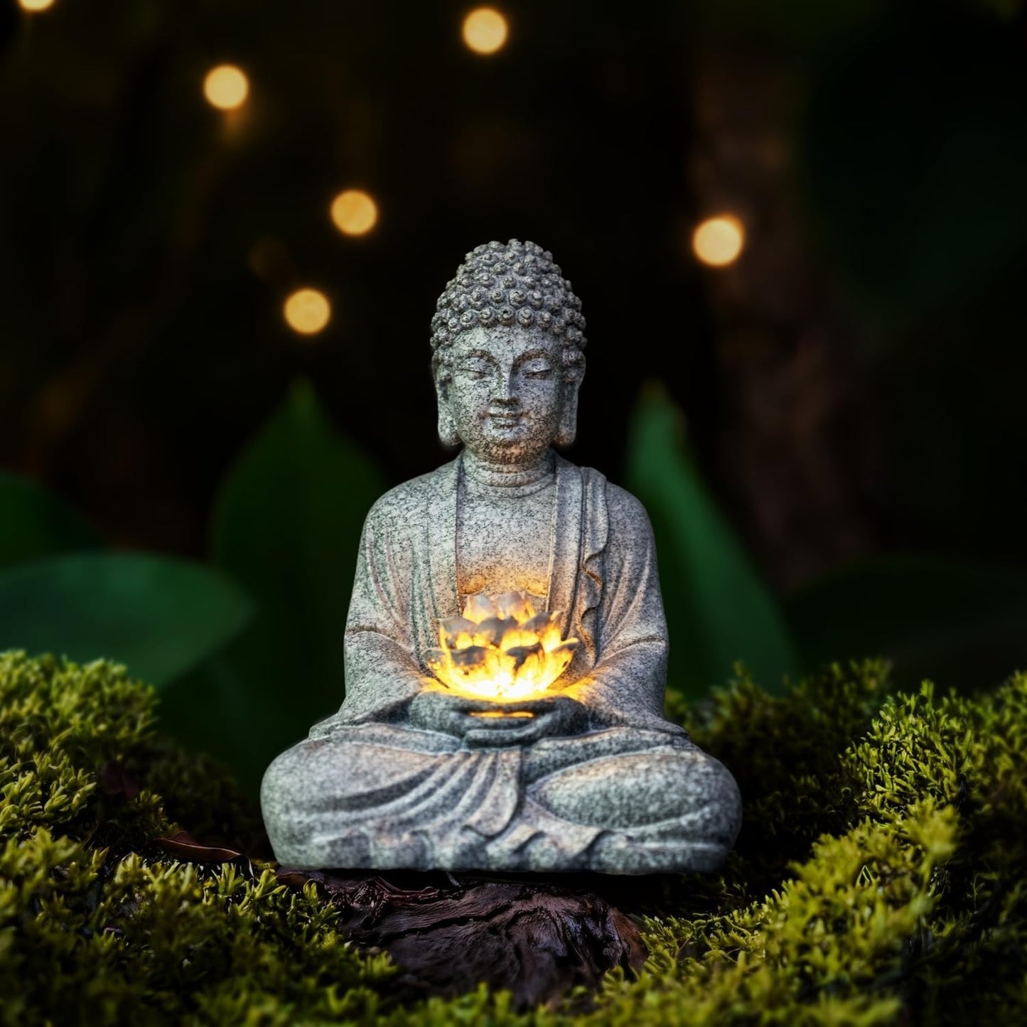 Buddha Lotus Statue with Solar Lights, Resin LED Figurine for Garden Decor – Unique Gift for Women and Friends(Grey Buddha)