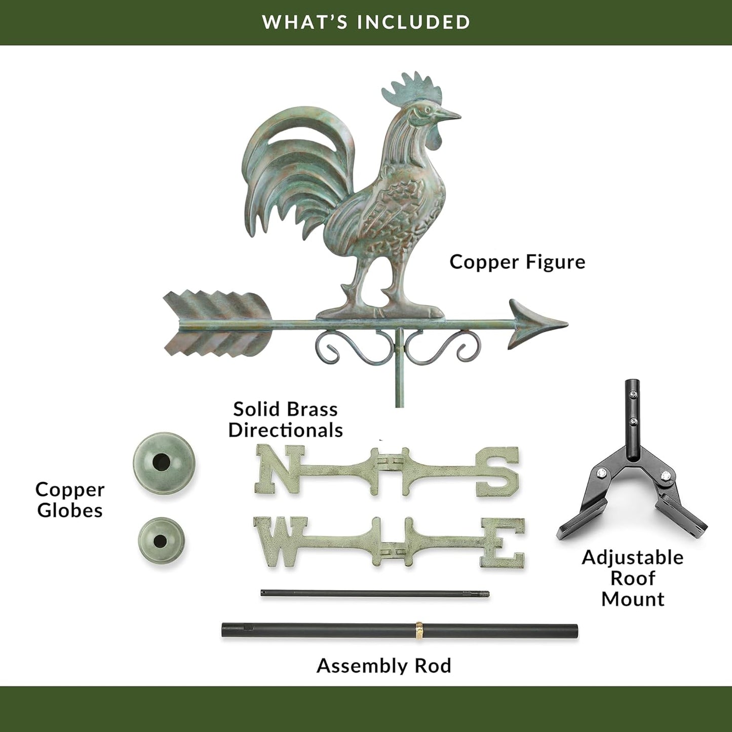 Good Directions Bantam Rooster Copper Weathervane, Includes Adjustable Roof Mount for Easy Installation - Blue Verde Copper