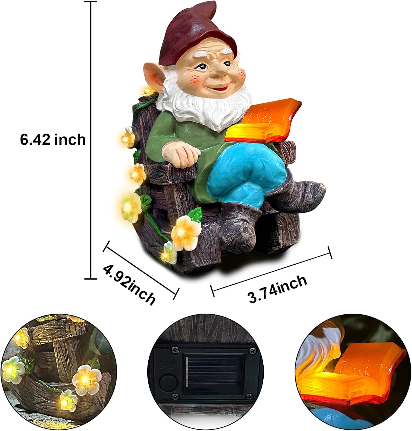 Solar Garden Gnome Statues Outdoor, Fairy Rocking Chair Gnomes Reading Book Succulents Figurines Lights Yard Art Sculpture Home Decor for Outside Patio Balcony Lawn, Unique Loved One Gifts for Mom