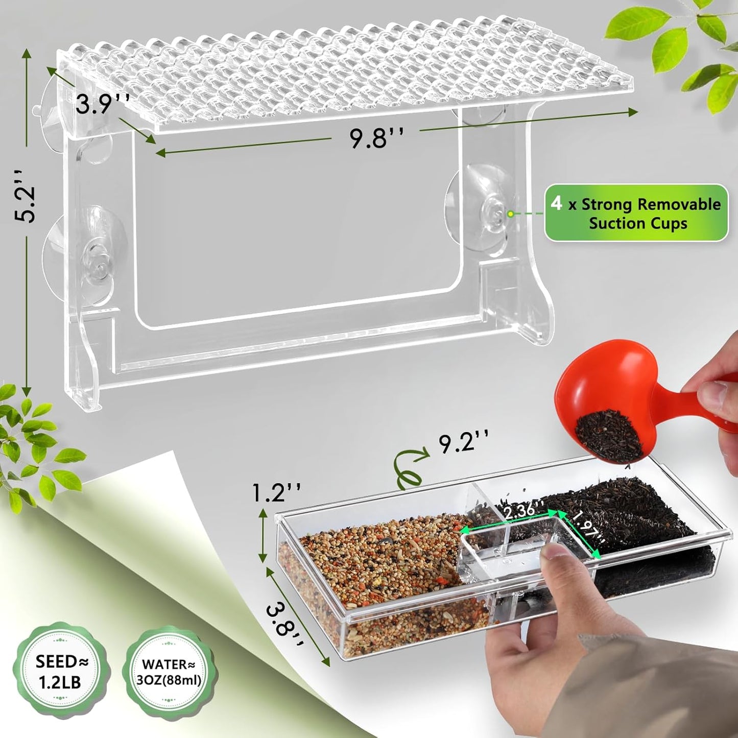 Window Bird Feeder for Outdoors with Strong Suction Cups, Acrylic Clear Window Bird Feeders for Viewing with Large Capacity Detachable Seed & Water Tray
