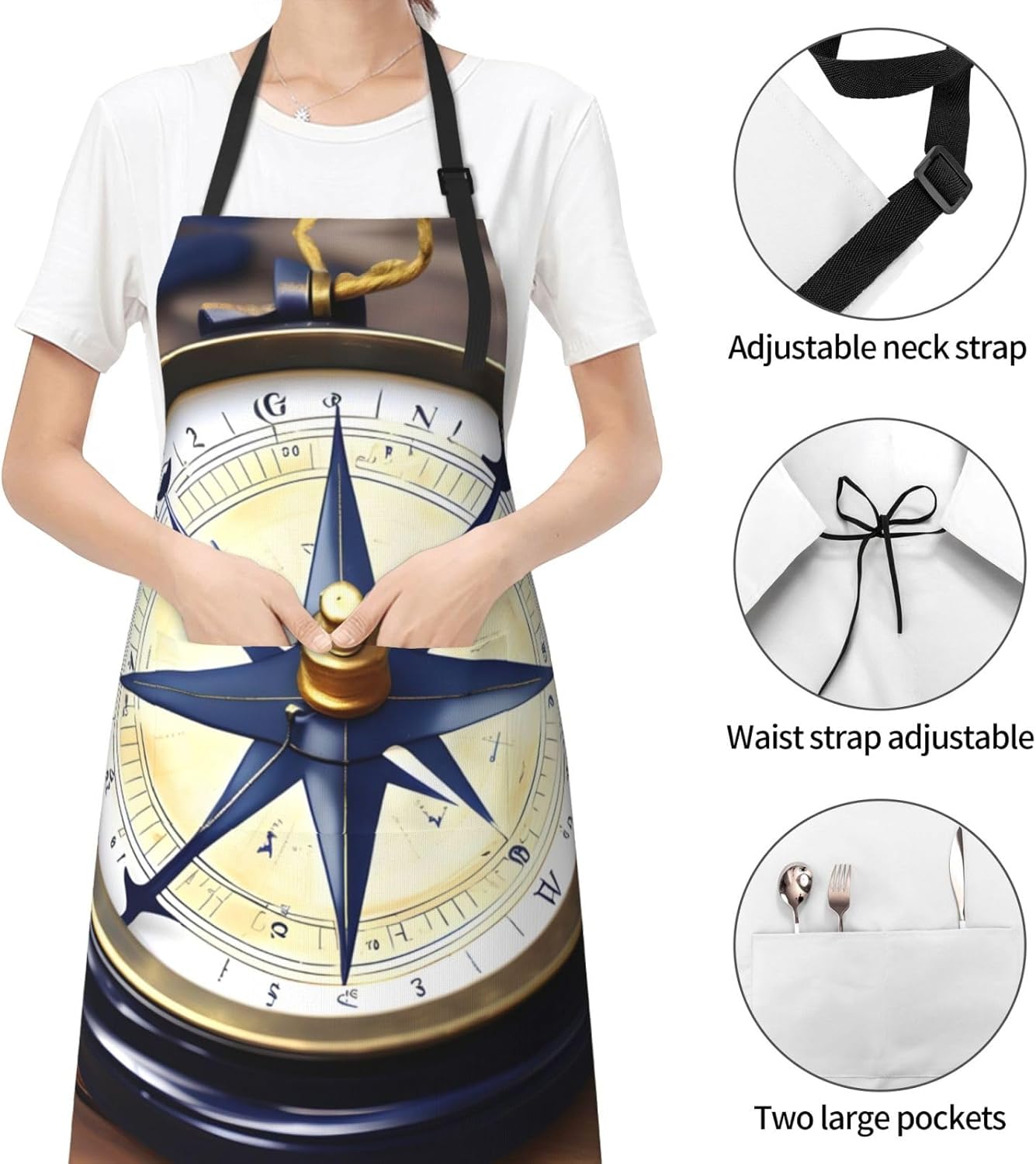 Sail Boat Nautical Compass print Waterproof apron with pocket adjustable cooking apron for adult kitchen bibs to bake