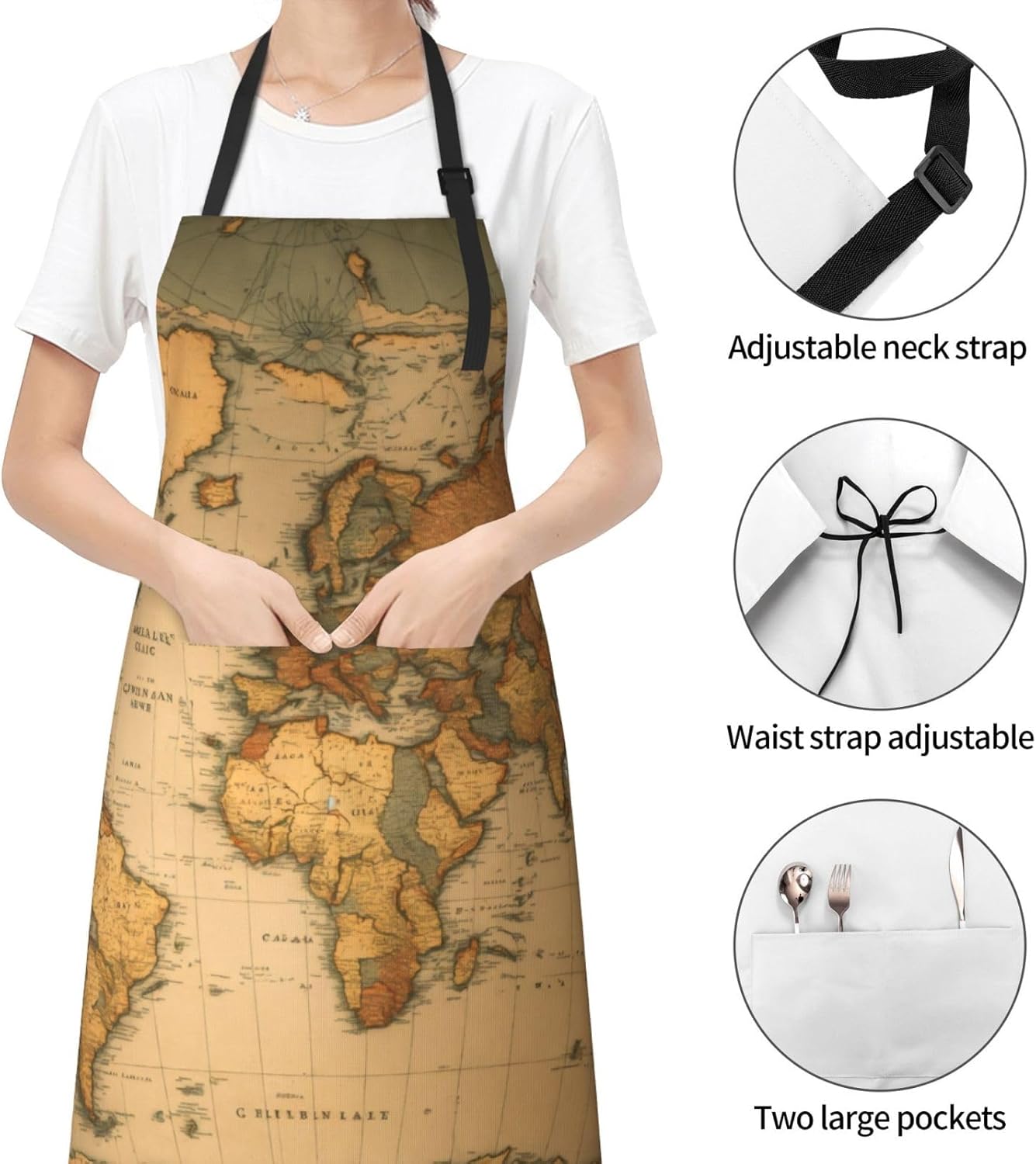 World Map print Waterproof chef's apron with pocket apron for kitchen cooking baking barbecue and gardening