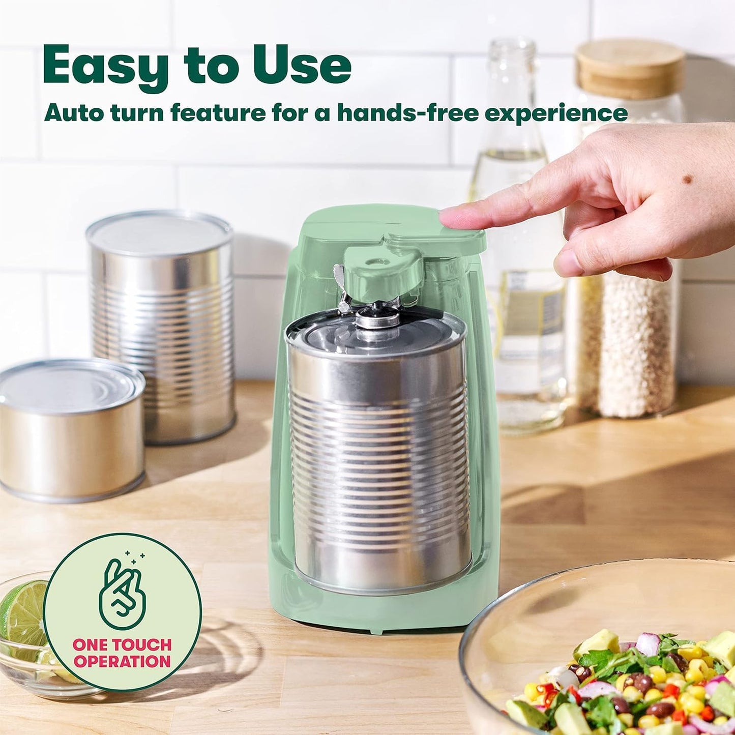 bella Electric Can Opener and Knife Sharpener, Removable Cutting Lever, Cord Storage, Stainless Steel Blade, Sage
