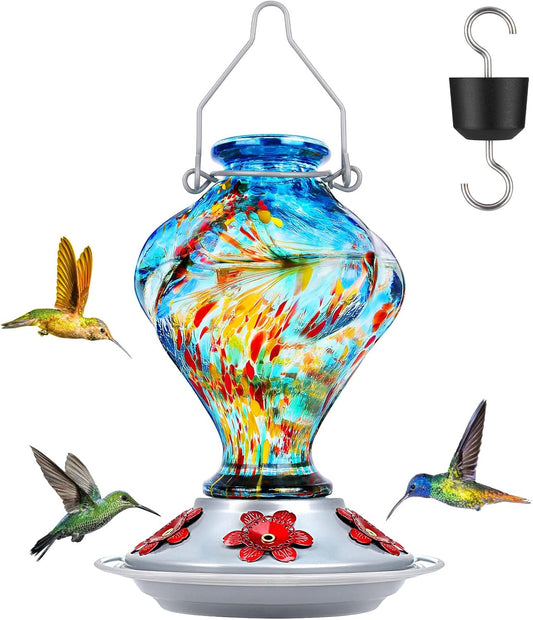 Hummingbird Feeder, BOLITE Glass Hummingbird Feeders for Outdoors Hanging, Hand Blown Twisted with Ant Moat and Five Feeding Ports, 24 Ounces, Leak Proof, Blue, Gifts for Women Men, Gifts for Mom Dad