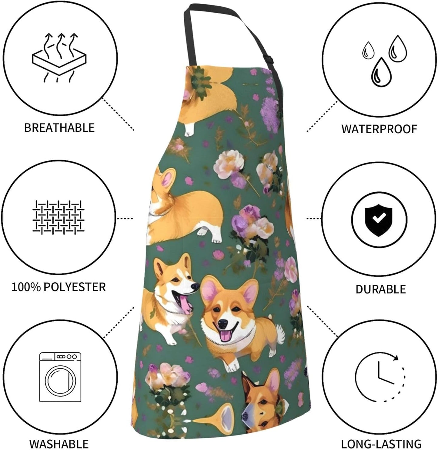 Corgi Floral Flowers Print Laundry apron 28x33 In Waterproof Kitchen Apron with Pockets for Cooking Baking