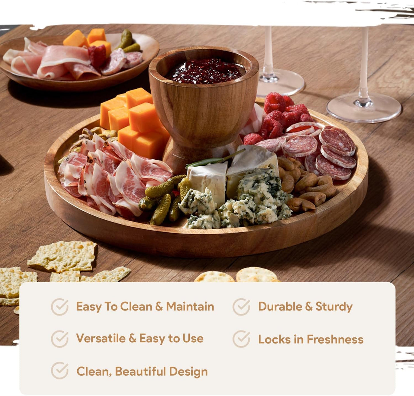 Acacia Wood Cake Stand with Lid - Cake Stand with Dome,12in Round Cake Holder, 2-in-1 Dessert Table Display Set & Charcuterie Board for Cheese, Chips & Dips, Fruit Platter, Large Acrylic Cake Dome Cover