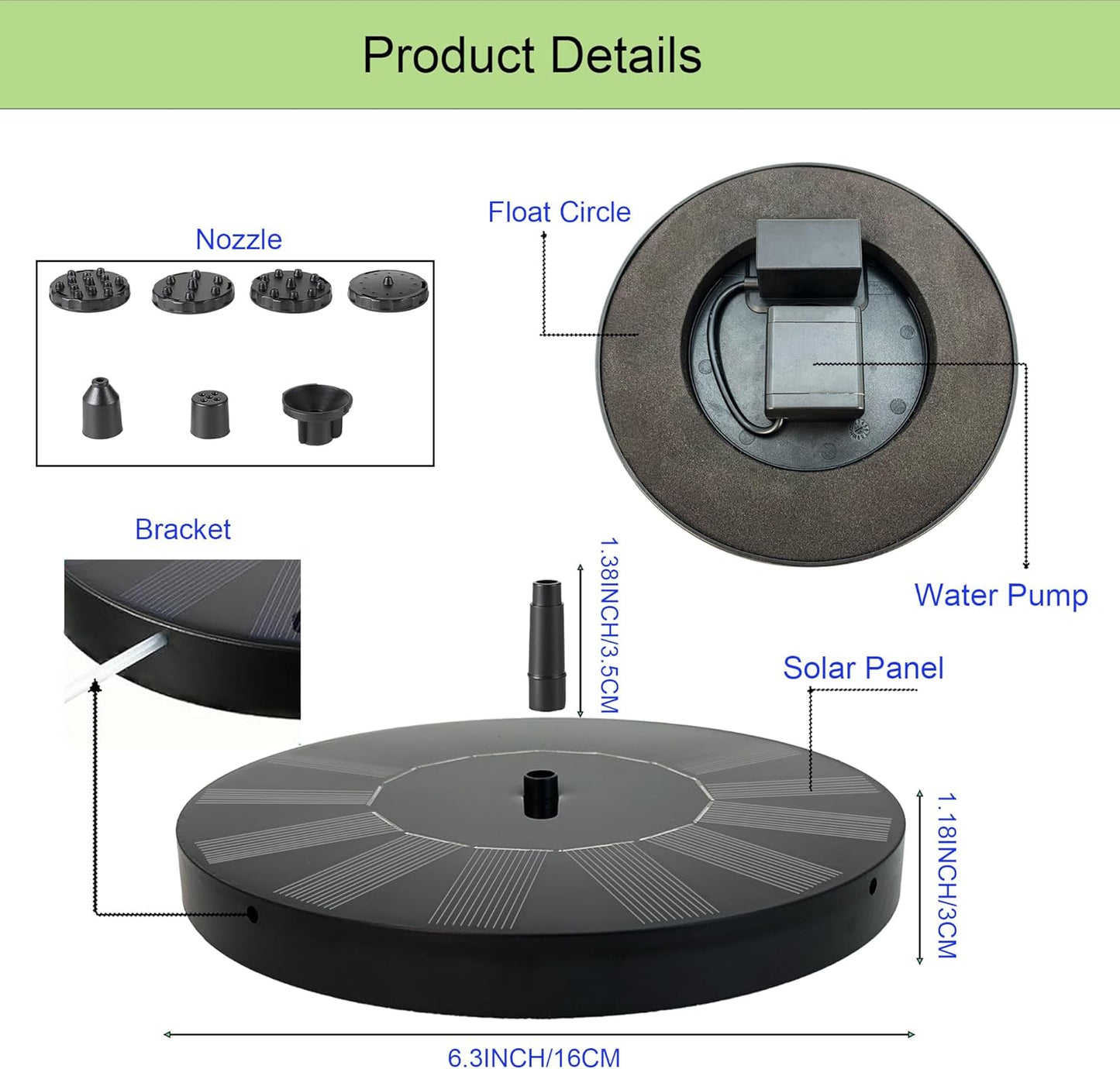 Solar Bird Bath Fountain,1.4W Solar Fountain Pump with 6 Nozzles, Free Standing Floating Solar Powered Water Fountains Pump for Bird Bath, Garden, Pond, Outdoor Decoration