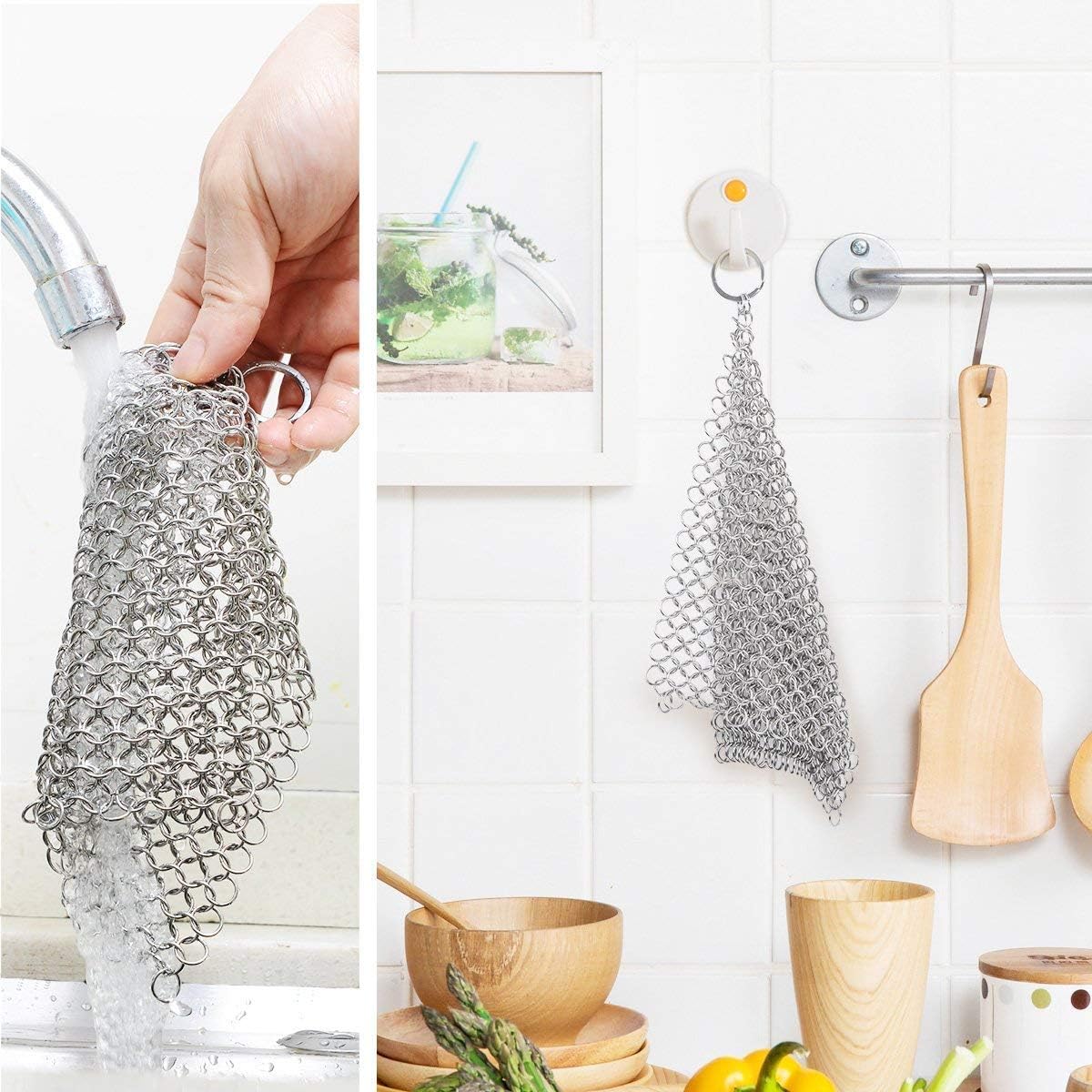 Cast Iron Cleaner 8"x6" 316L Stainless Steel Chainmail Scrubber for Griddle Skillet Dutch Oven Wok Stainless Steel Pot Cast Iron Pan