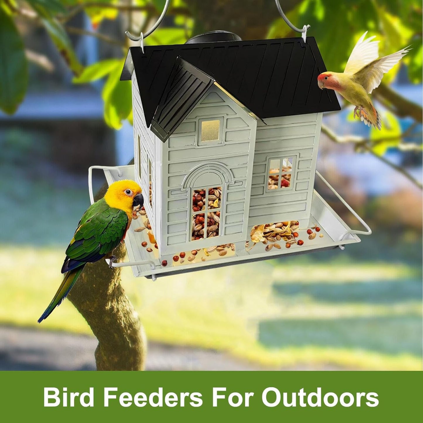Solar Cabin Bird Feeder, Birdhouse Bird Feeders for Outdoors Hanging, Metal Finch Food Dispenser with Solar Powered Lantern for Garden, Balcony, Patio