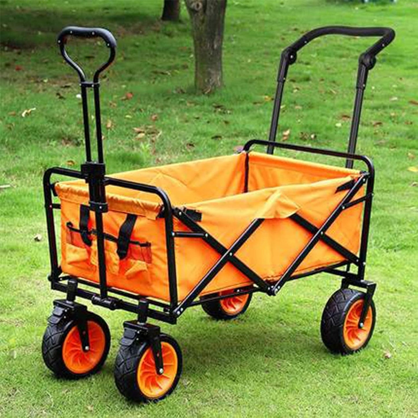 Camping Car Portable Folding Trolley Outdoor Four-Wheel Trolley Shopping Fishing Trolley Carts Foldable Wagon Trolley(Orange 100Cm)