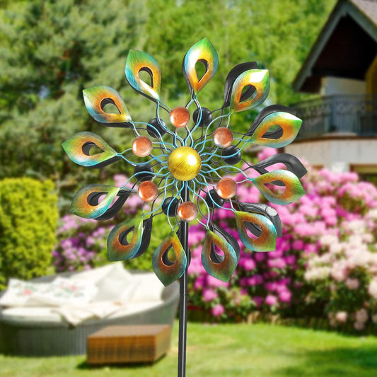 63 Inch Kinetic Wind Spinners with Stake, Metal Windmill Garden Decorations, 360 Swivel Peacock Outdoor Wind Sculpture, Dual Direction Wind Catcher for Yard Art, Lawn Decor, Idea Gifts