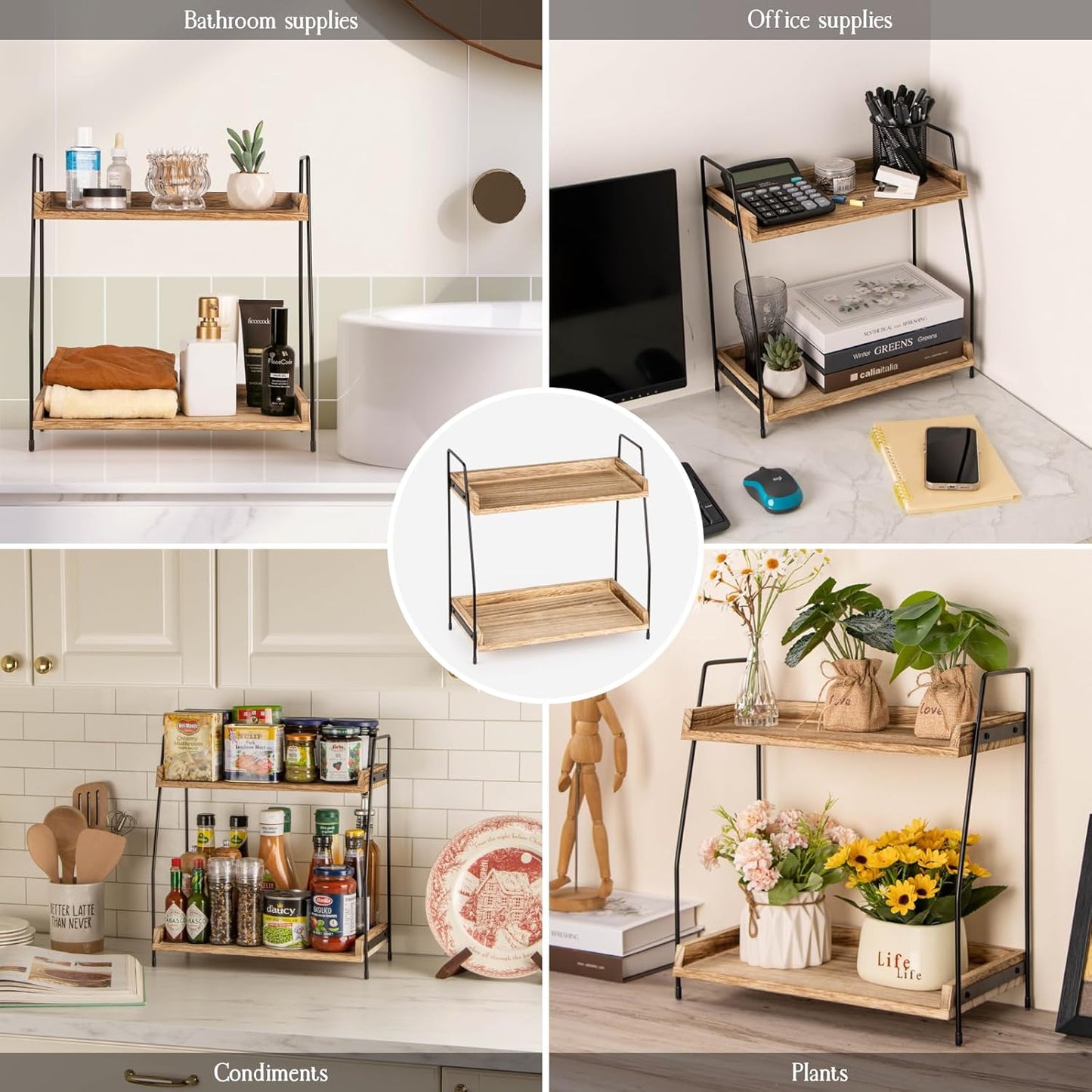 Countertop Coffee Station Organizer, 2 Tier Wooden Shelf for Coffee Ba