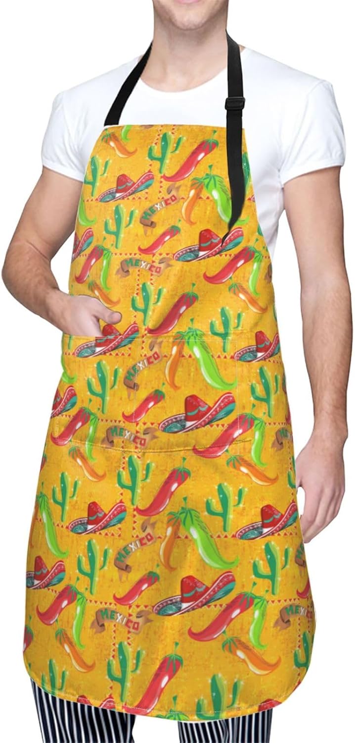 Cactus Hat and Chili Pepper print Waterproof apron with pocket adjusta