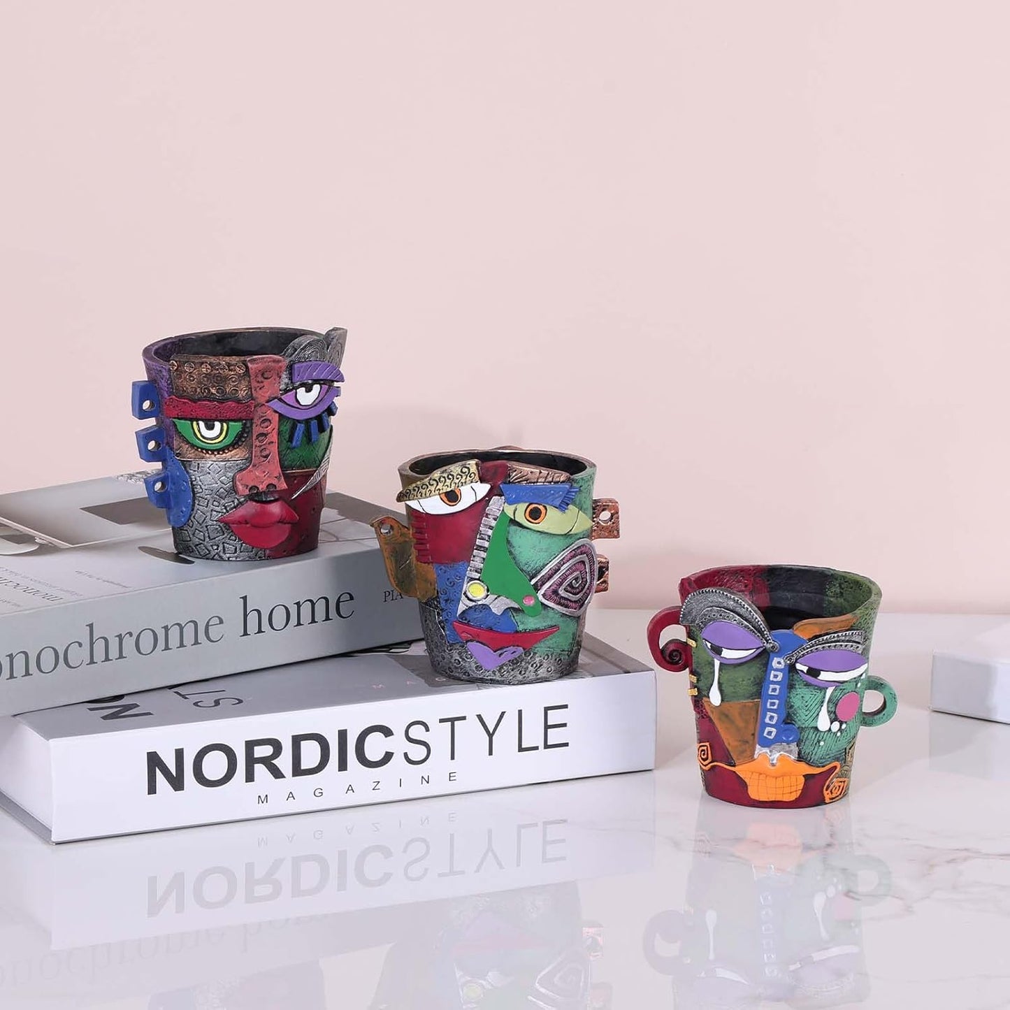Mini Face Planters 3PC Set – Unique Resin Art Flower Pots for Succulents, Cacti & Small Plants – Decorative Funny Plant Pots for Indoor & Outdoor, Face Planter Gift, Picasso‑Inspired