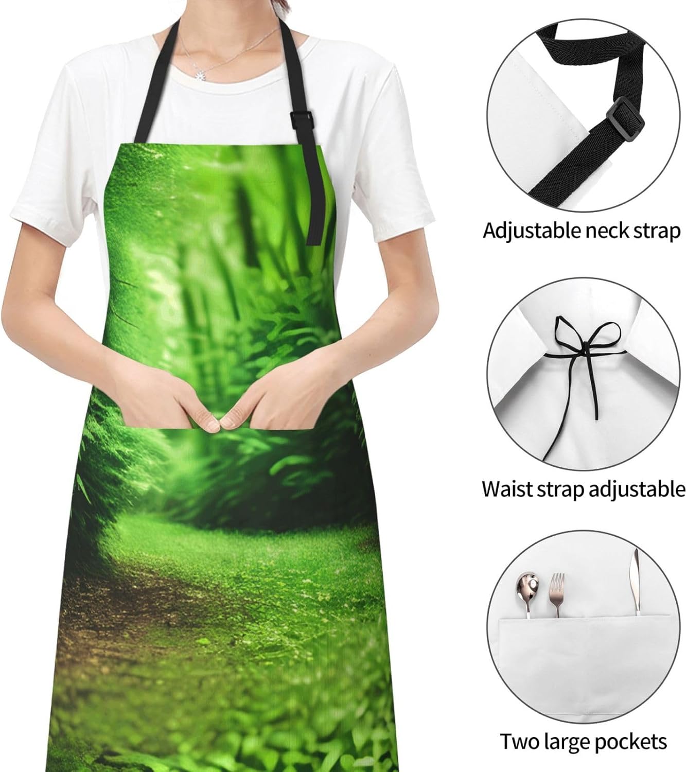 YANYU Green Nature Print 28x33 In Kitchen Apron Stylish Chef Apron with Pockets for Cooking Baking Painting