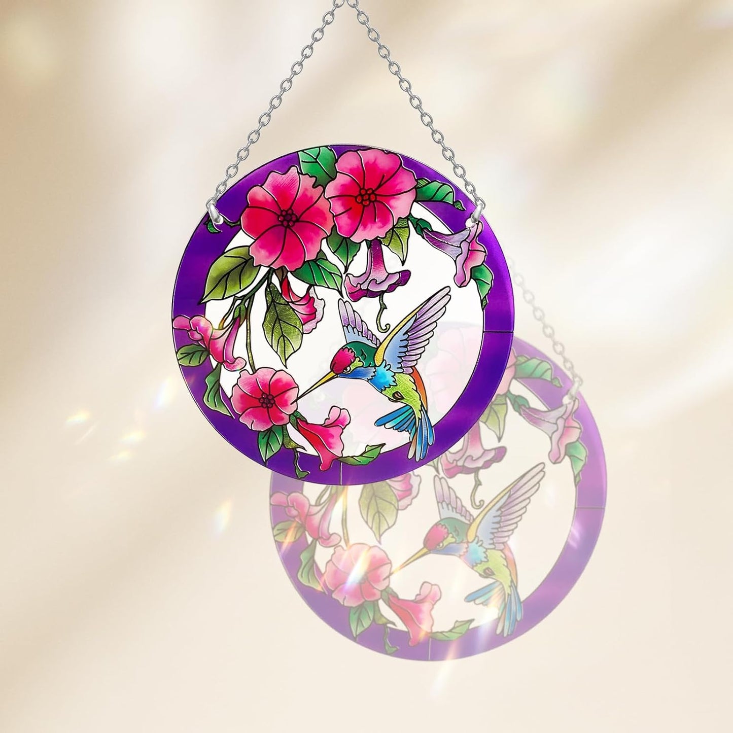 Stained Glass Window Hanging, Hummingbird Gifts for Women, Bird and Flowers Suncatcher for Window, 6" Purple Sun Catchers, Hand Painted Glass for Birds Lover (6 inch)
