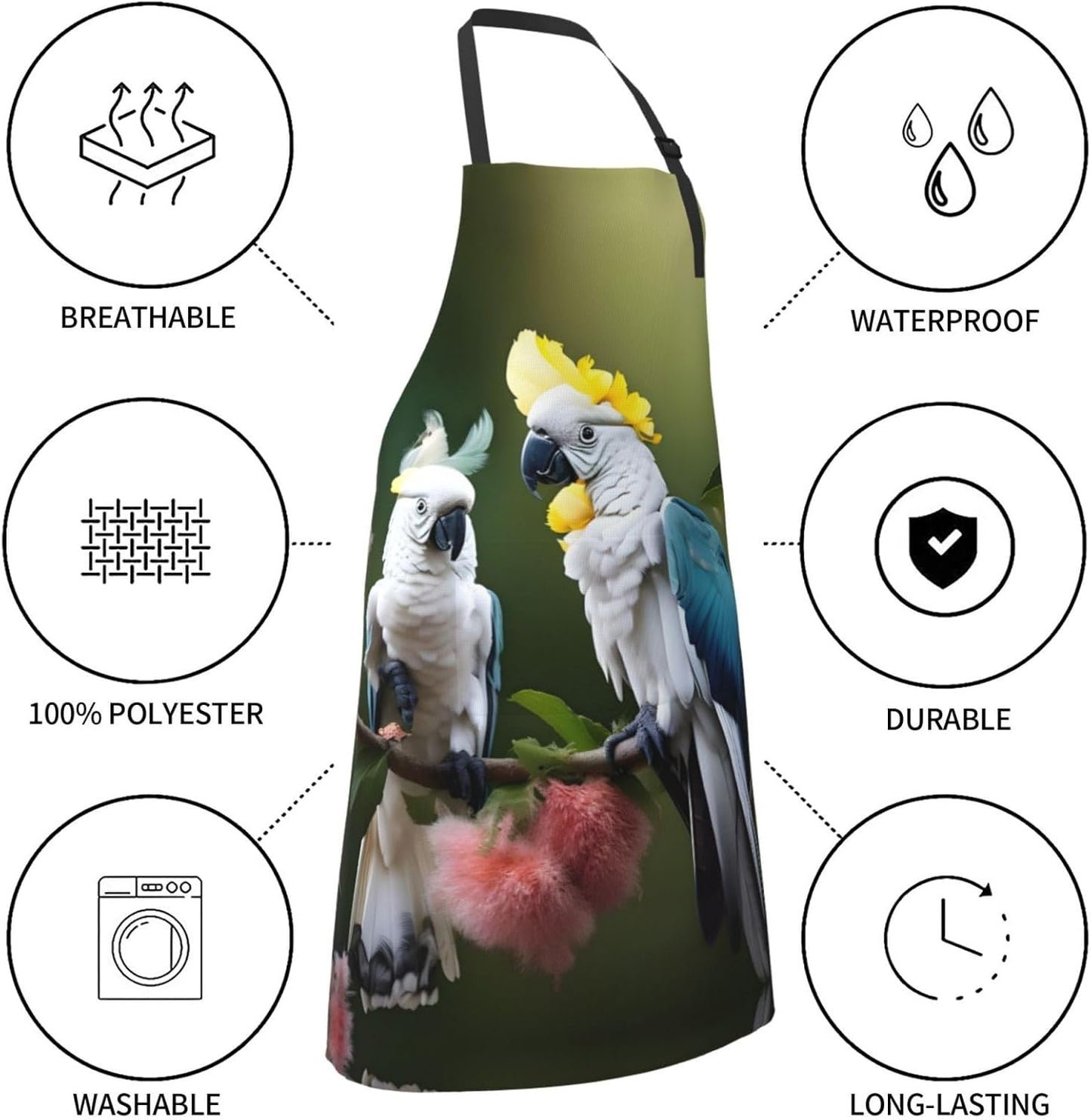 Beautiful Cockatoo Bird Flower Print 28x33 In Adult Kitchen Apron with Pockets Versatile Chef Smock for Cooking Baking