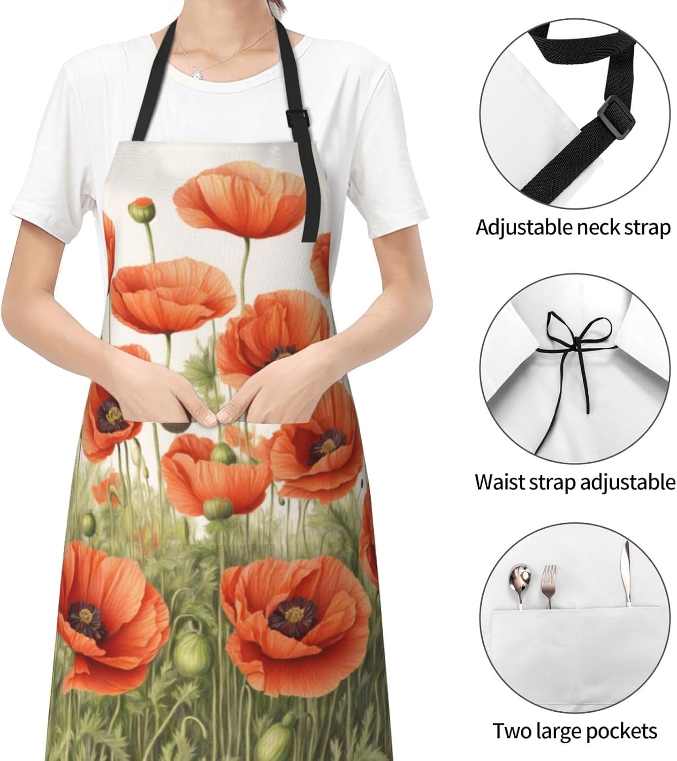 poppy flowers Print Laundry apron 28x33 In Waterproof Kitchen Apron with Pockets for Cooking Baking