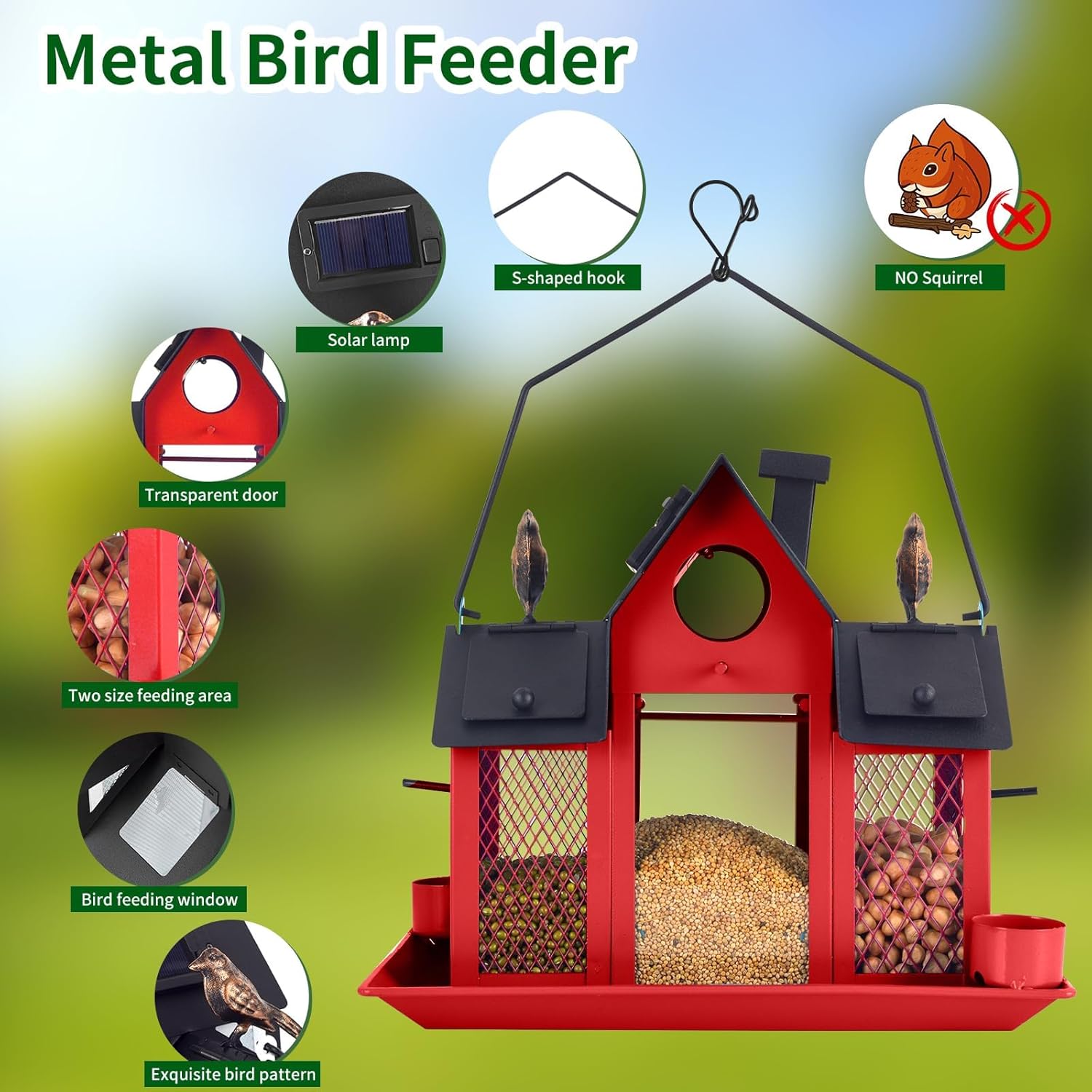 Solar Bird Feeders House for Outside Hanging, Metal Wild Bird Feeder f