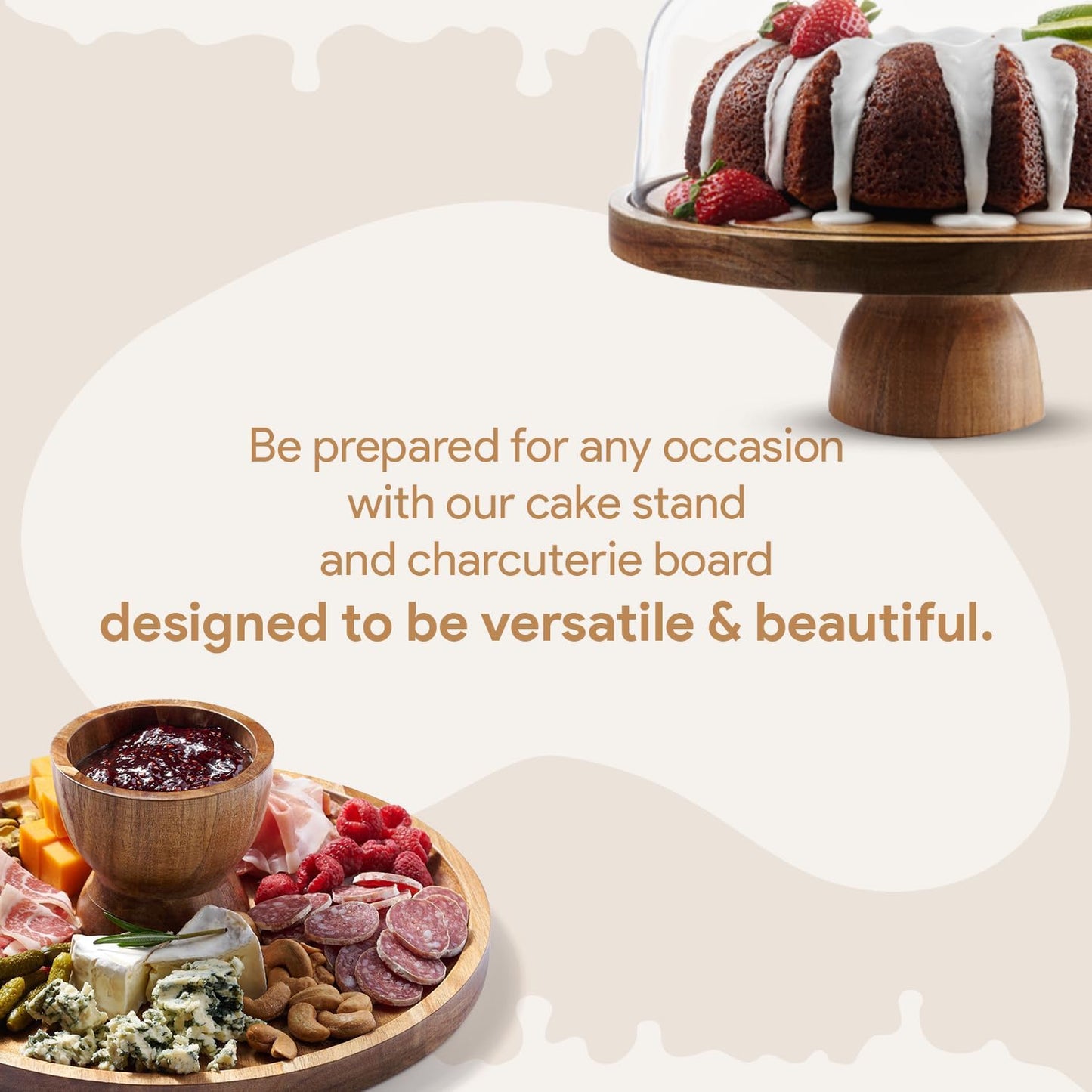 Acacia Wood Cake Stand with Lid - Cake Stand with Dome,12in Round Cake Holder, 2-in-1 Dessert Table Display Set & Charcuterie Board for Cheese, Chips & Dips, Fruit Platter, Large Acrylic Cake Dome Cover