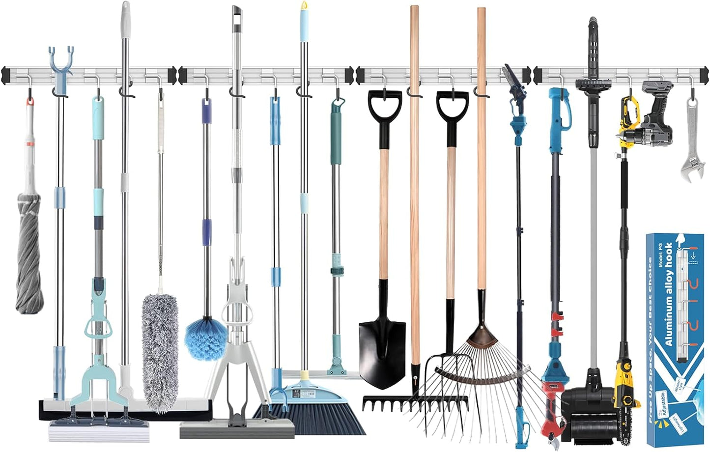 Mop and Broom Holder Wall Mount Garden Tool Rack Organizer, Modern Style,Movable Aluminum Alloy Wall Mounted Hook 4 Pack,Storage Gift for Bathroom,Closet,Laundry Room,Garage,Tool Room(Black)