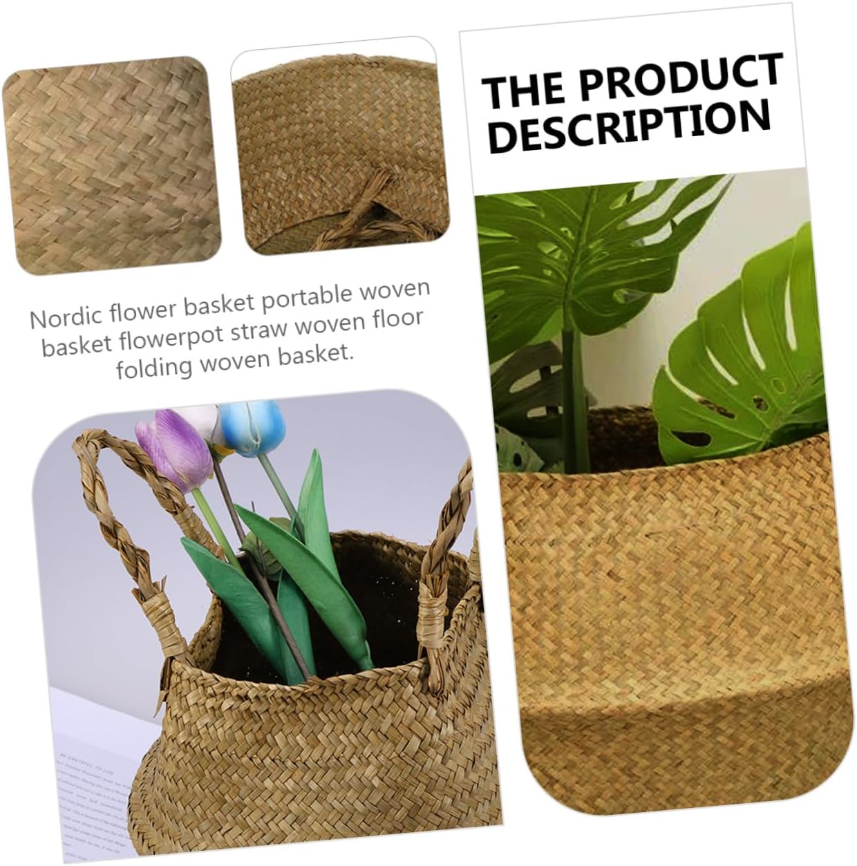 Woven Flowerpot Basket Handwoven Storage Bin Large Foldable Rattan Pla
