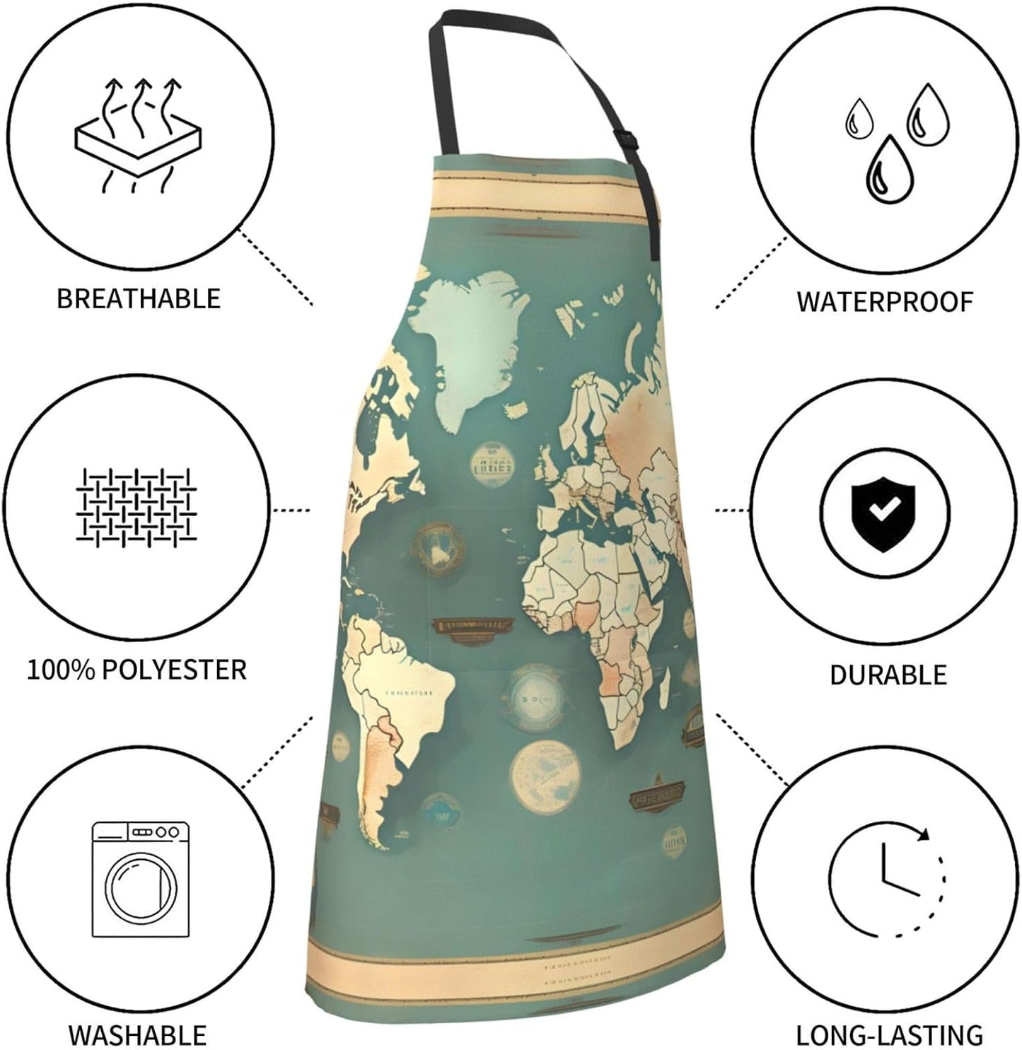 World Map Retro Print 28x33 In Adult Kitchen Apron with Pockets Versatile Chef Smock for Cooking Baking
