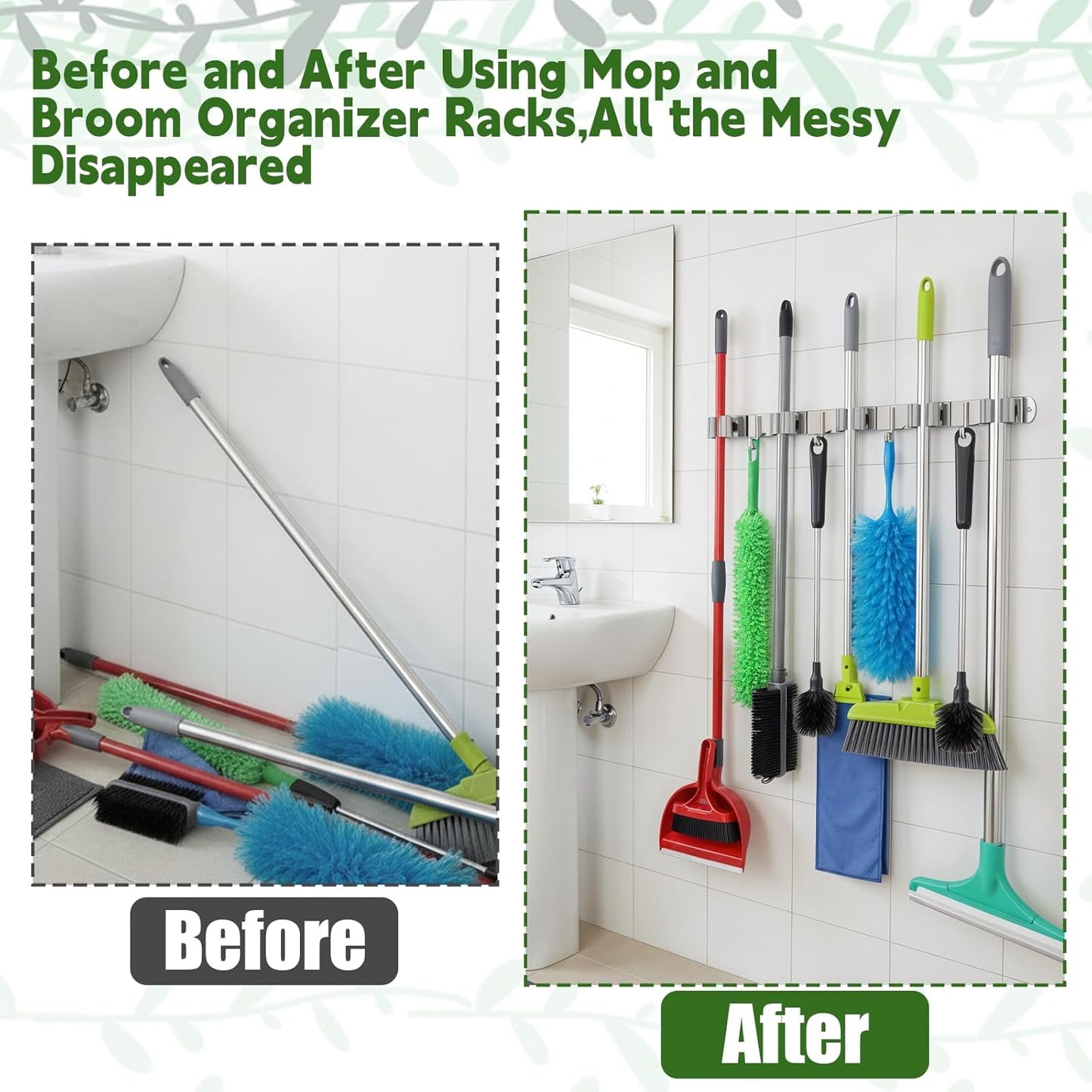 2 Pack Wall Mount Broom Holder, Self Adhesive 5 Racks and 4 Hooks Mop and Broom Organizer Storage Tool Racks Stainless Steel Heavy Duty for Home Kitchen Garden Laundry Garage