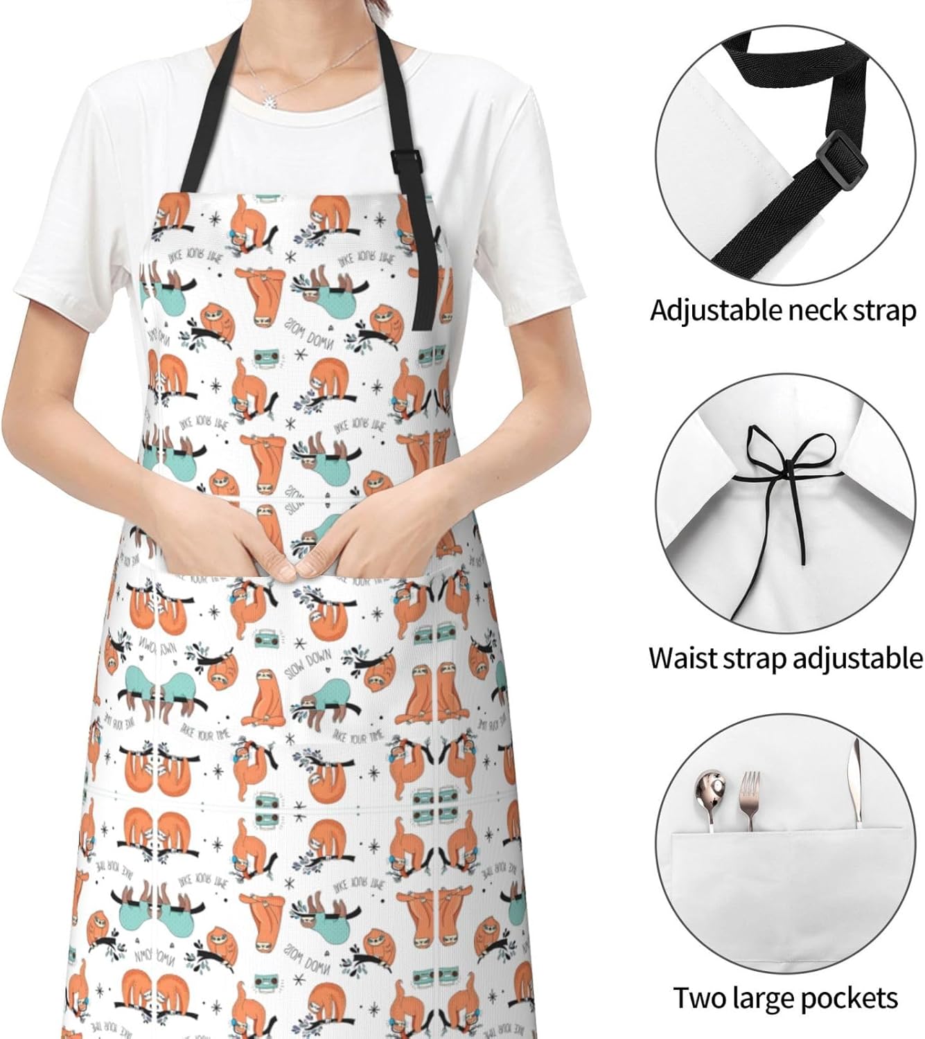funny Cute Animal Sloth Music Print 28x33 In Adult Kitchen Apron with Pockets Versatile Chef Smock for Cooking Baking