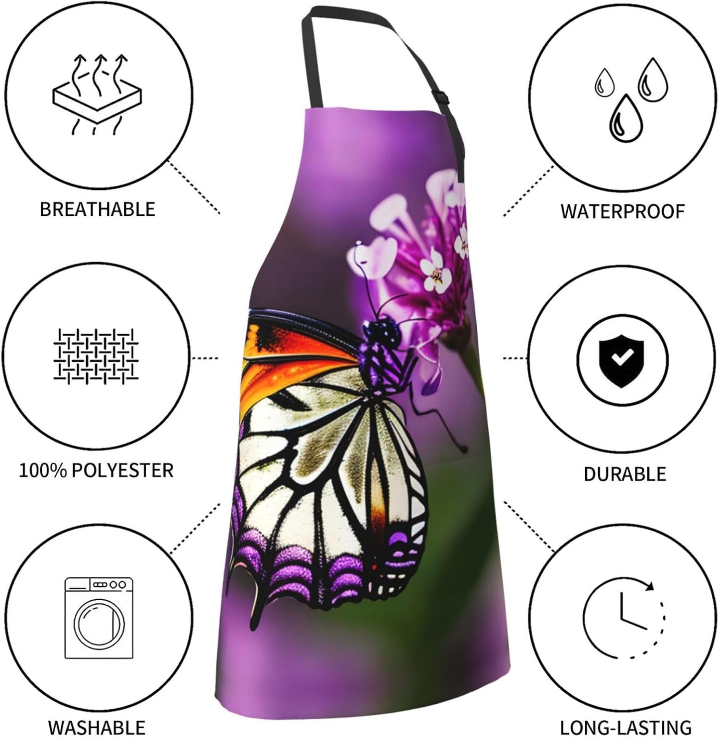 Purple plum butterfly print Waterproof chef's apron with pocket apron for kitchen cooking baking barbecue and gardening