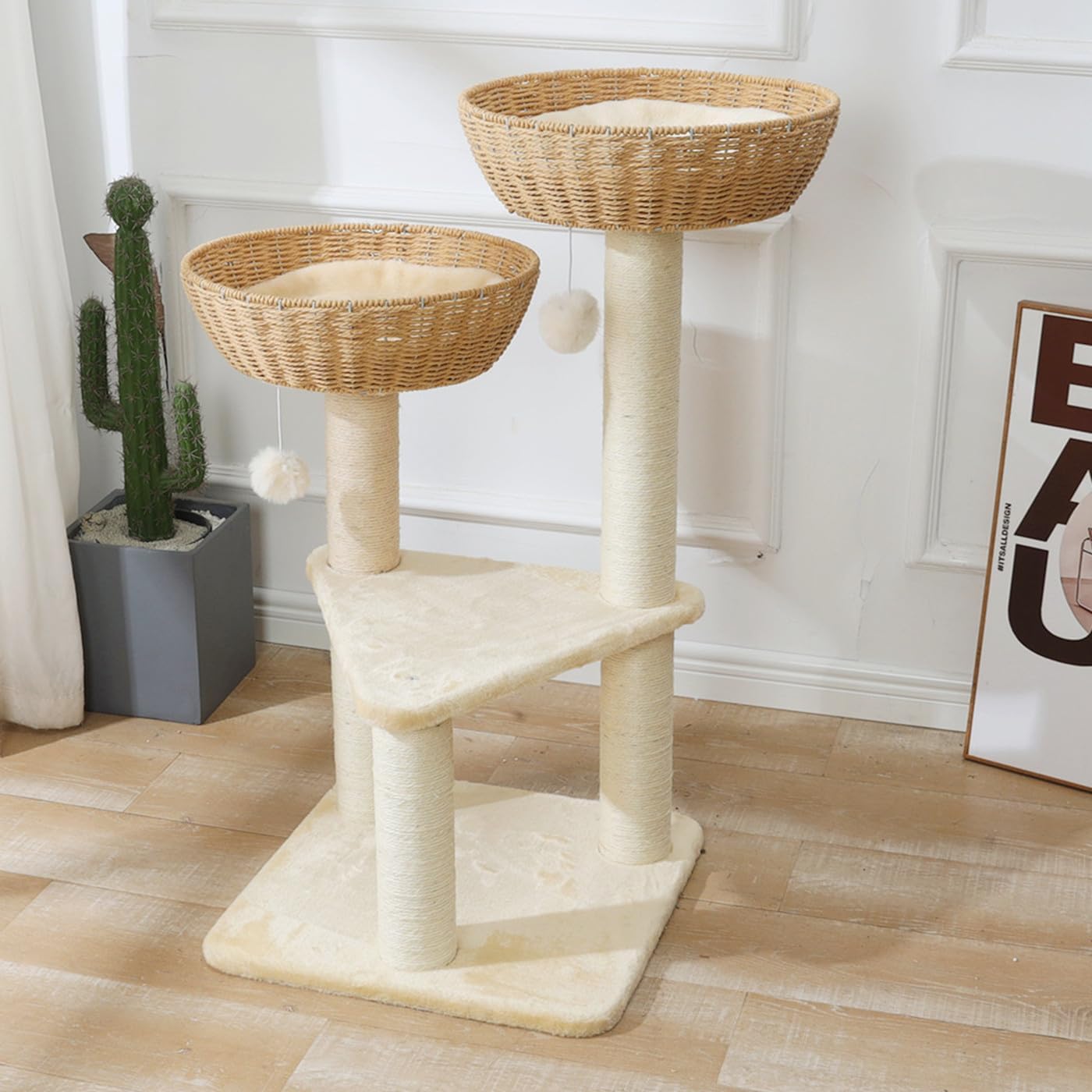SHENGOCASE Cat Tree Tower with Rattan Wicker Basket, 2 Handwoven Large