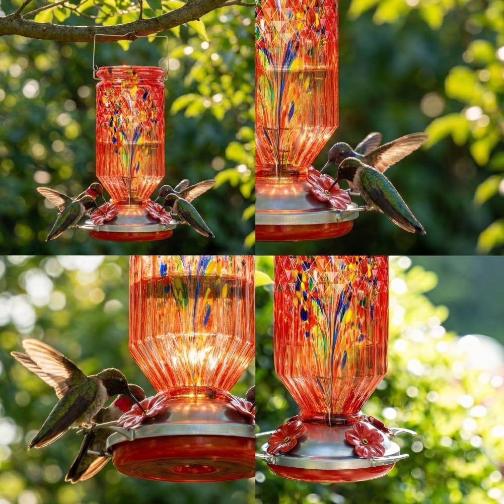 Hand Blown Glass Hummingbird Feeder for Outdoors Hanging Round Chaning Color 32 OZ Large Humming Birds Feeders with Accessories Gift for Women Mom (Red)
