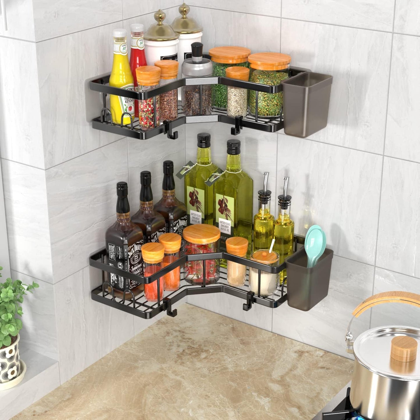 Corner Shower Caddy, 2 Pack Adhesive Shower Corner Organizer Shelves, No Drilling Stainless Steel Shower Storage Rack with Hooks&Toothpaste Holder for Bathroom Kitchen （for 90° Corners Only）