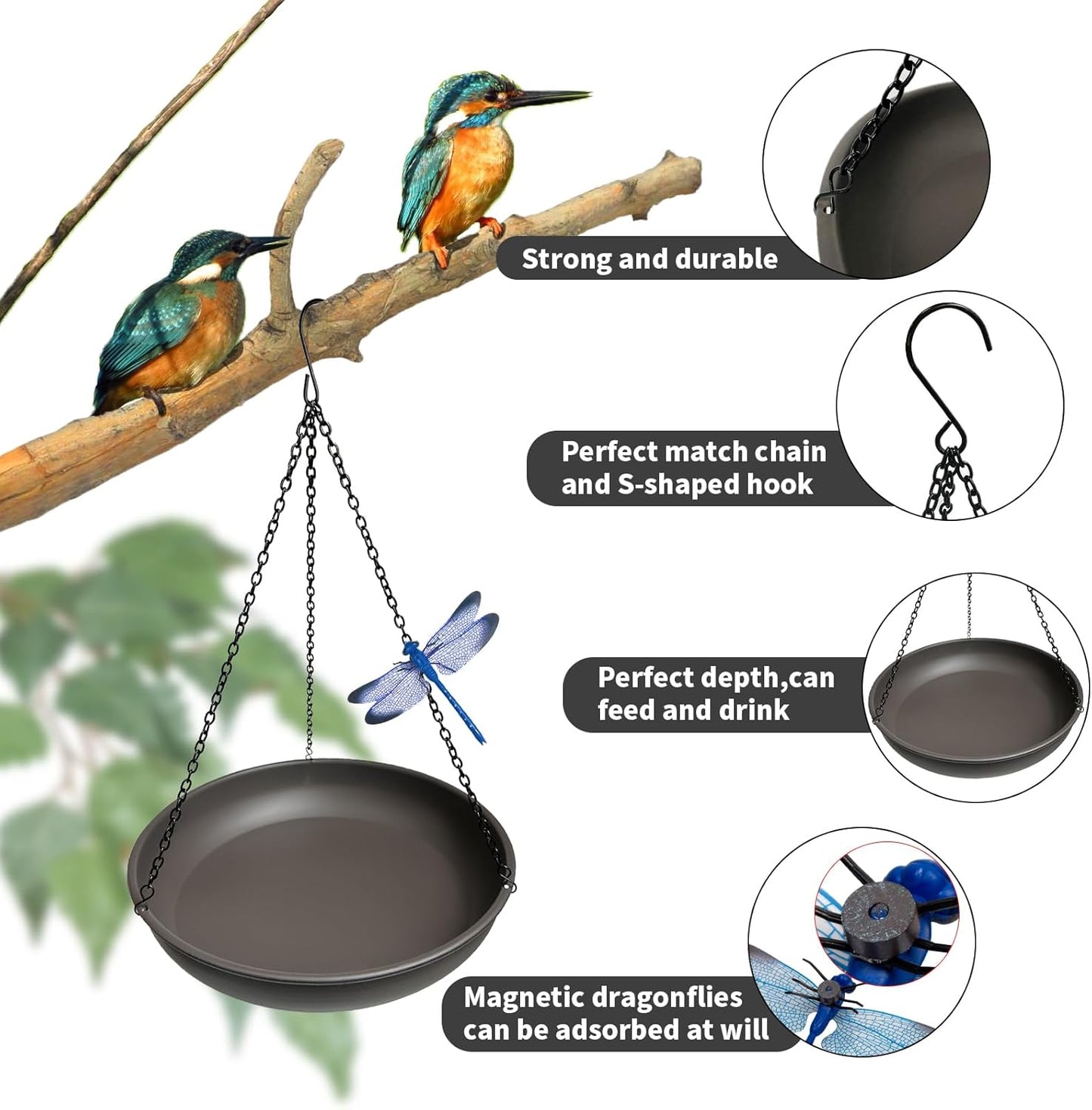 Hanging Bird Bath for Outside,11" Metal Bird Feeder Birdbath Bowl with 13.5" Rust-Proof Black Chains for Garden Backyard Decor with Magnetic Dragonfly Decor Dark Curry