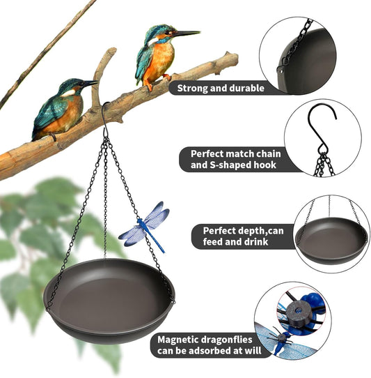 Hanging Bird Bath for Outside,11" Metal Bird Feeder Birdbath Bowl with 13.5" Rust-Proof Black Chains for Garden Backyard Decor with Magnetic Dragonfly Decor Dark Curry