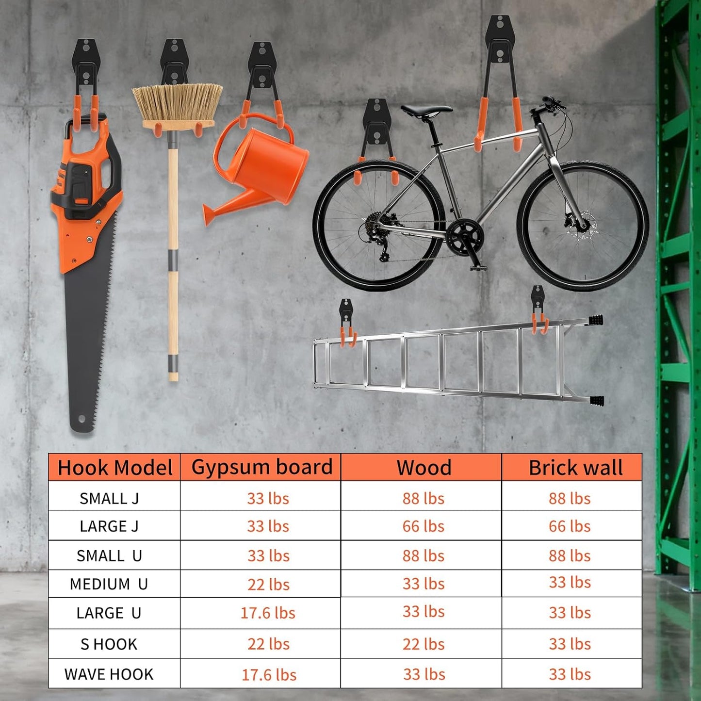 Steel Garage Storage Hooks - 16 Pack Anti-Slip Coating，Heavy Duty Steel Hooks for Hanging Power and Garden Tools，Ladders, Hose, Bikes, Ropes, Bulk Items, and More Hooks