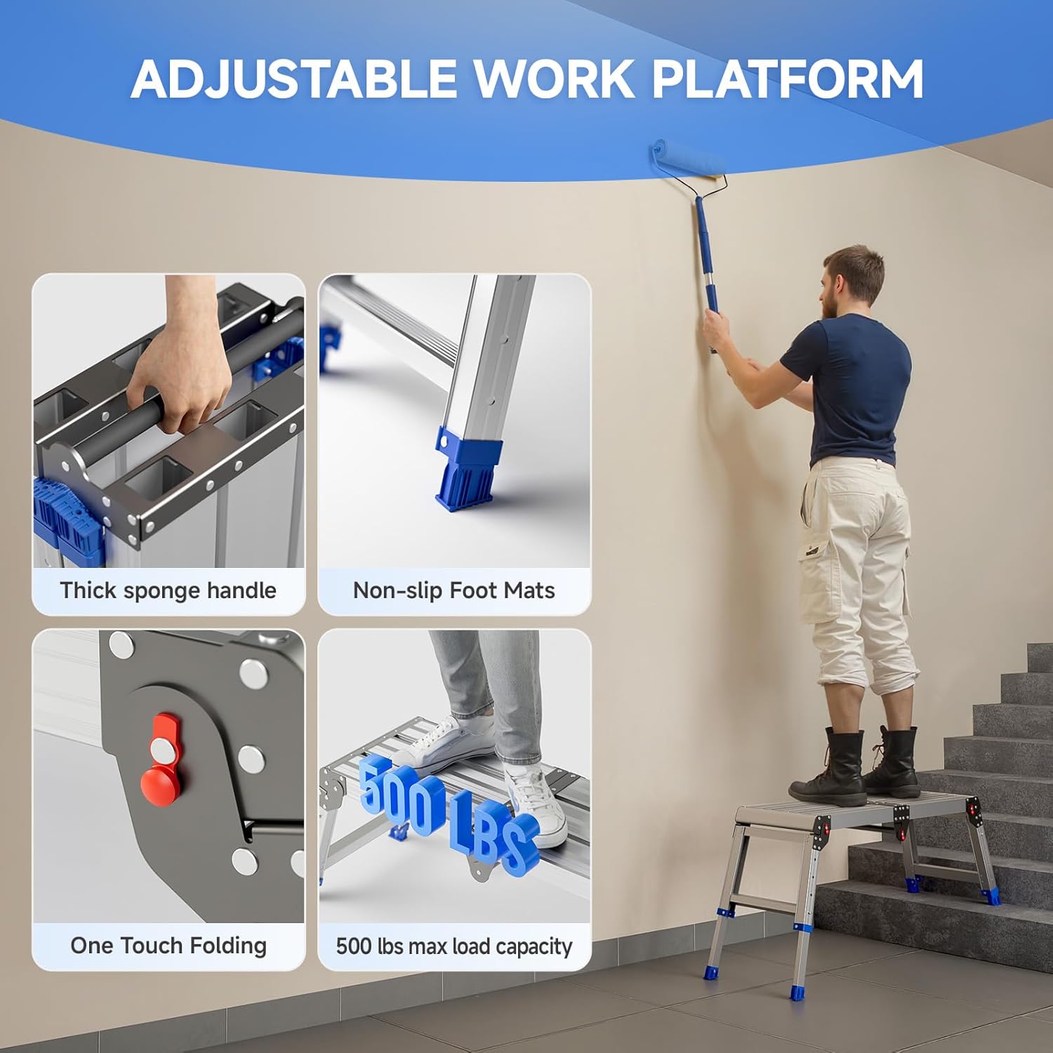 Folding Work Platform for Adults, Aluminum Foldable Step Stool Adjusta