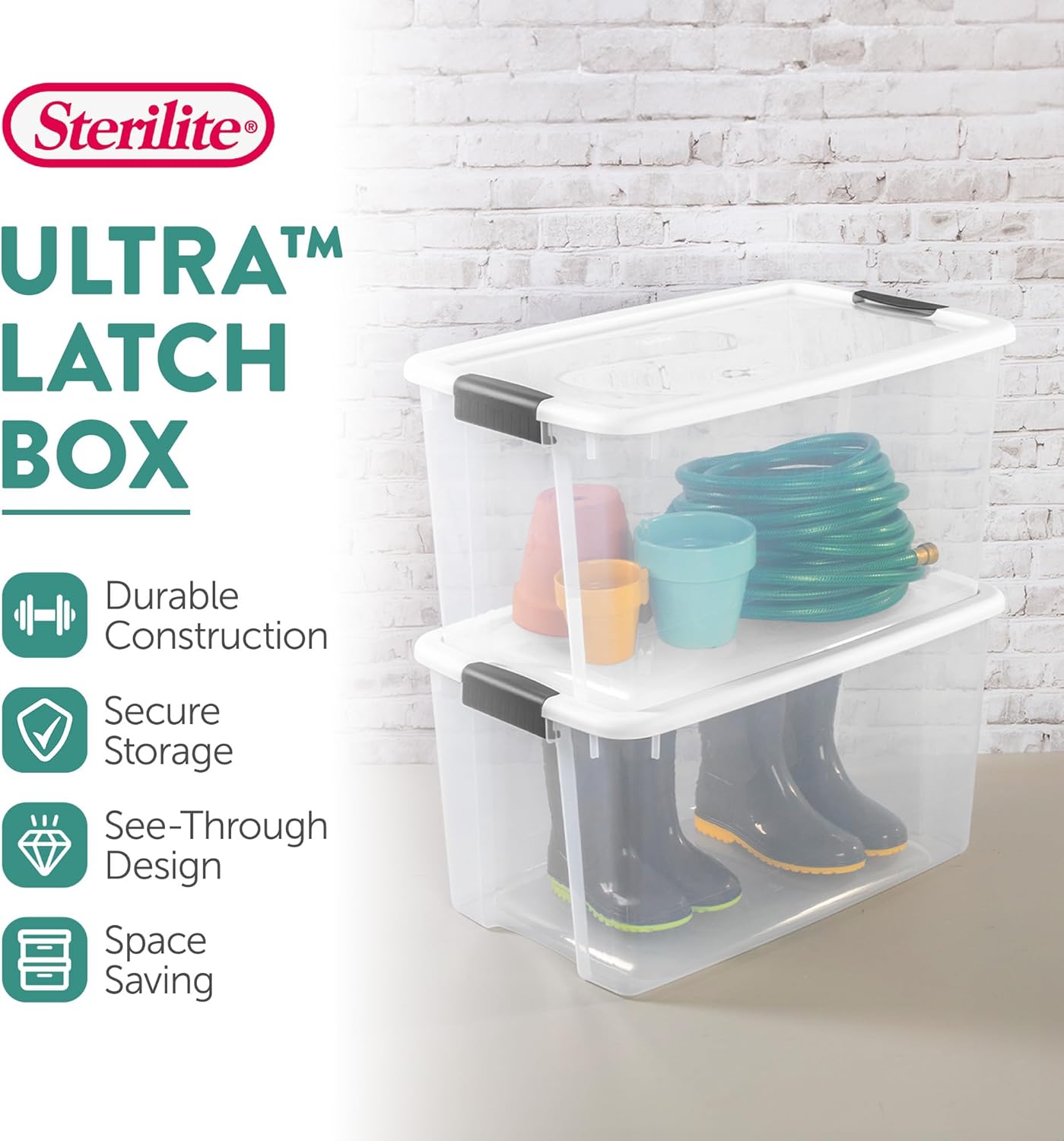 Sterilite 4 Pack Ultra Latching Box, Storage Bins with Lids, Clear Pla