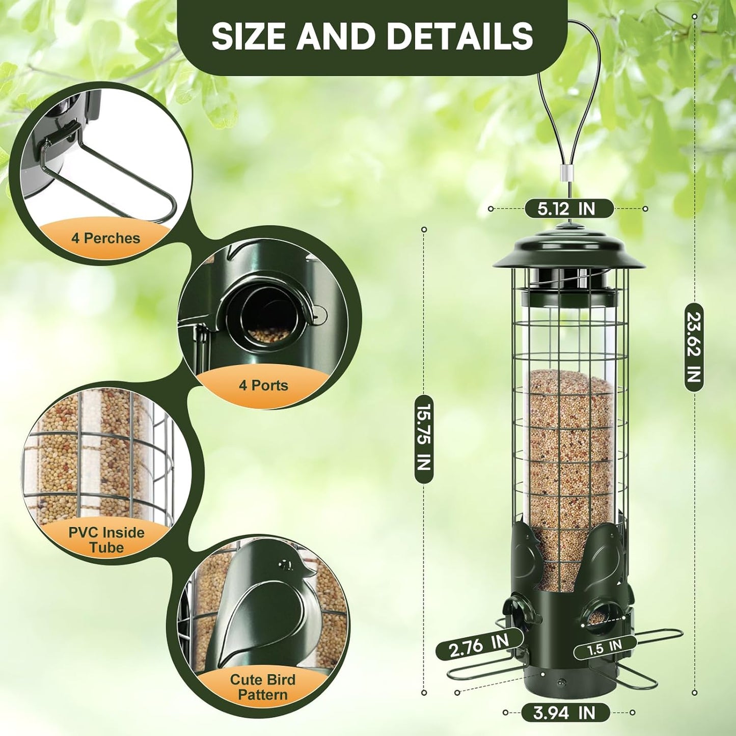 Squirrel Proof Bird Feeders for Outdoor Hanging, Weight Activated Metal Mesh Wild Outside Bird Feeder, 3LB Large Capacity Birdfeeder for Finch Cardinal Chickadee, Green
