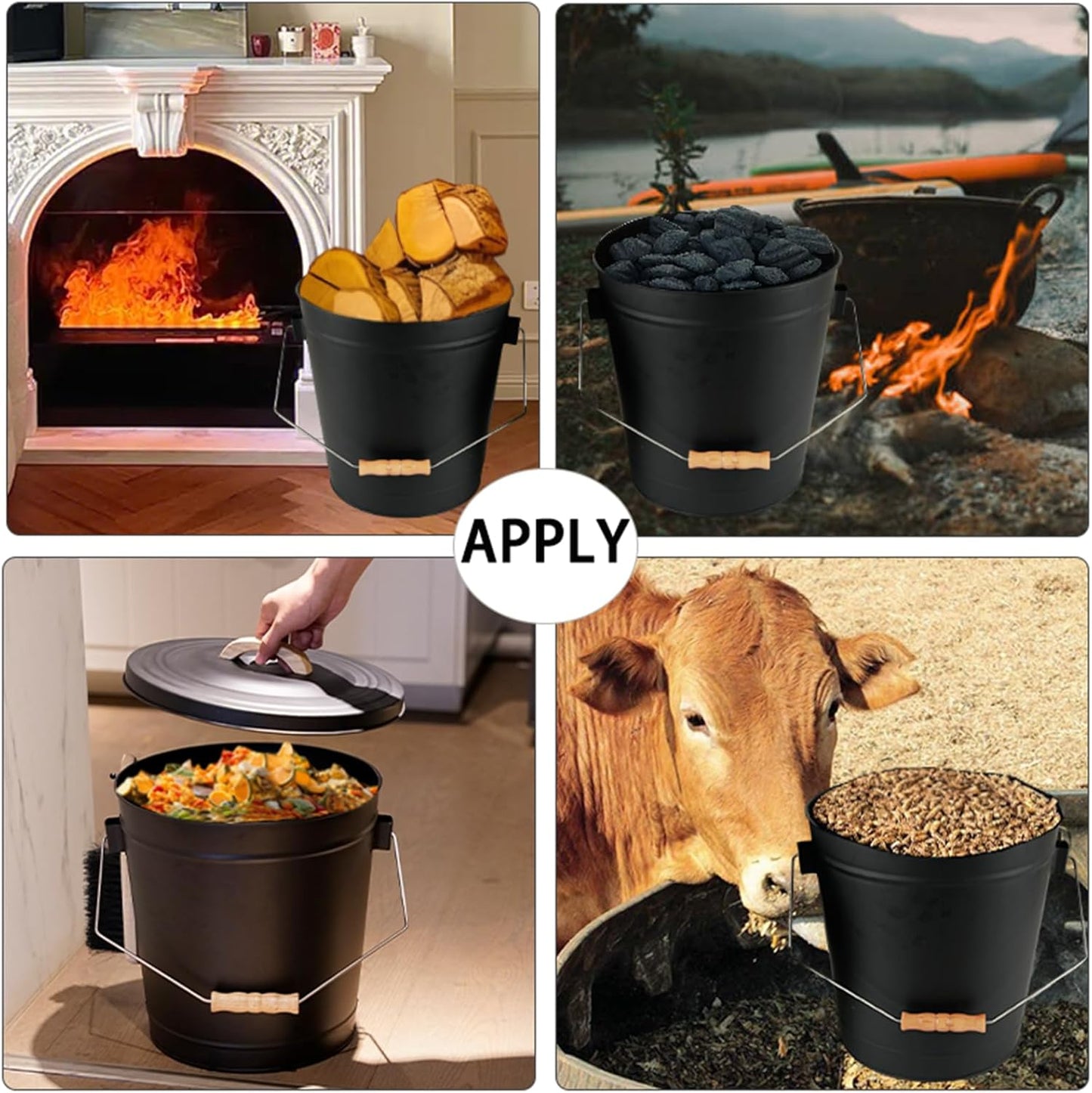 Ash Bucket with Lid and Shovel, Hand Broom and Stick, 5.2 Gallon Large Metal Ash Bucket for Fireplace Tools Set, Fire Pits, Wood Burning Stoves, Indoor and Outdoor, Camping, Grill, Black