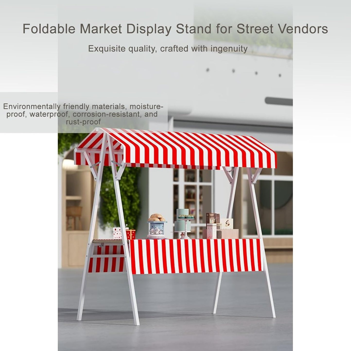 Portable Food Cart with Striped Canopy, Mobile Street Vendor Stand, Market Stall Carts for Outdoor Events, Food Truck on Wheels, Green 150cm/59in