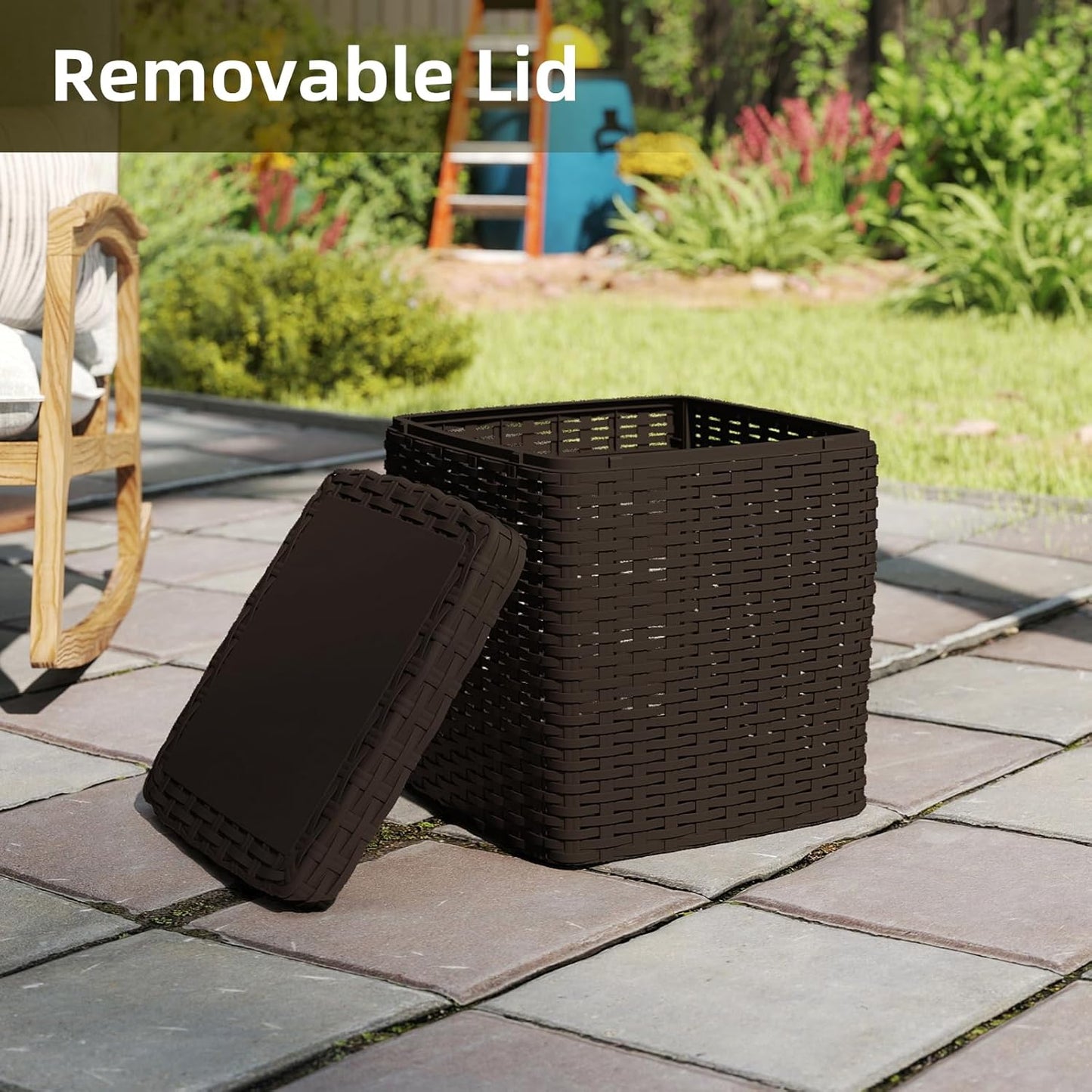 14 Gallon Outdoor Storage Box, Faux Rattan Deck Box with Removable Lid & Lockable Feature, All-Weather Waterproof Storage Bench for Poolside, Garden Tools Delivery Packages, Brown