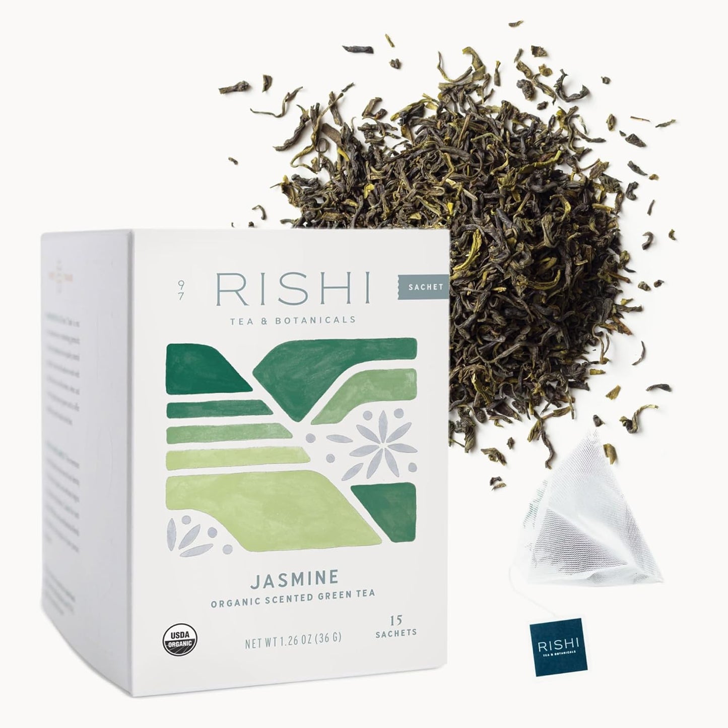 Rishi Tea 자스민 그린 허브 티 | 유기농, 카페인, 녹차 향, 꽃 향기와 맛 | 15봉지, 1.5온스(1개)
