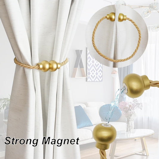 2 Pack Magnetic Curtain Tiebacks Modern Handmade Rope Curtain Tie Backs Decorative Drapes Weave Holdbacks for Home Outdoor Bedroom Office Decorative Curtain, Gold